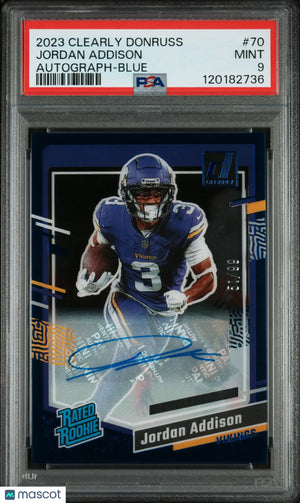 2023 Panini Clearly Donruss Rookie Jordan Addison Autograph Blue RC /99 PSA 9 
