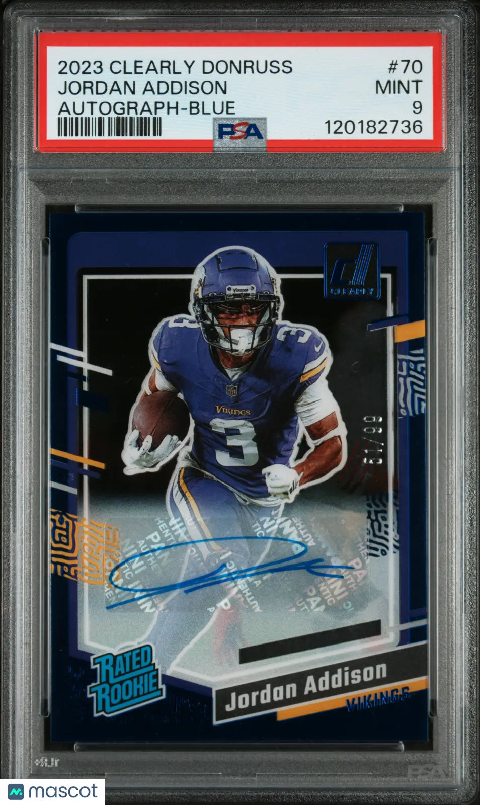 2023 Panini Clearly Donruss Rookie Jordan Addison Autograph Blue RC /99 PSA 9 