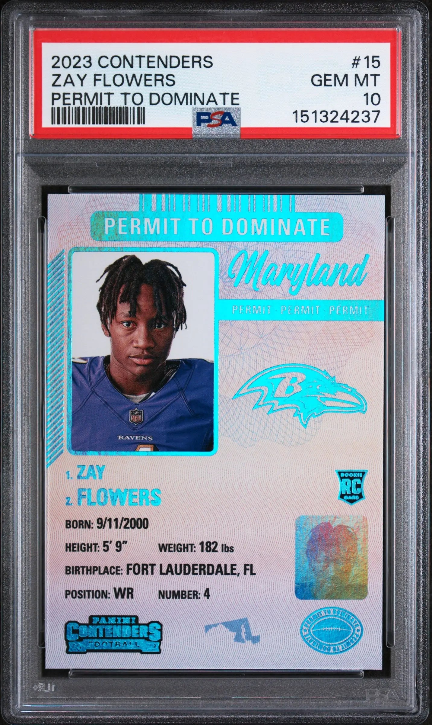 2023 Panini Contenders Permit To Dominate Zay Flowers PSA 10 