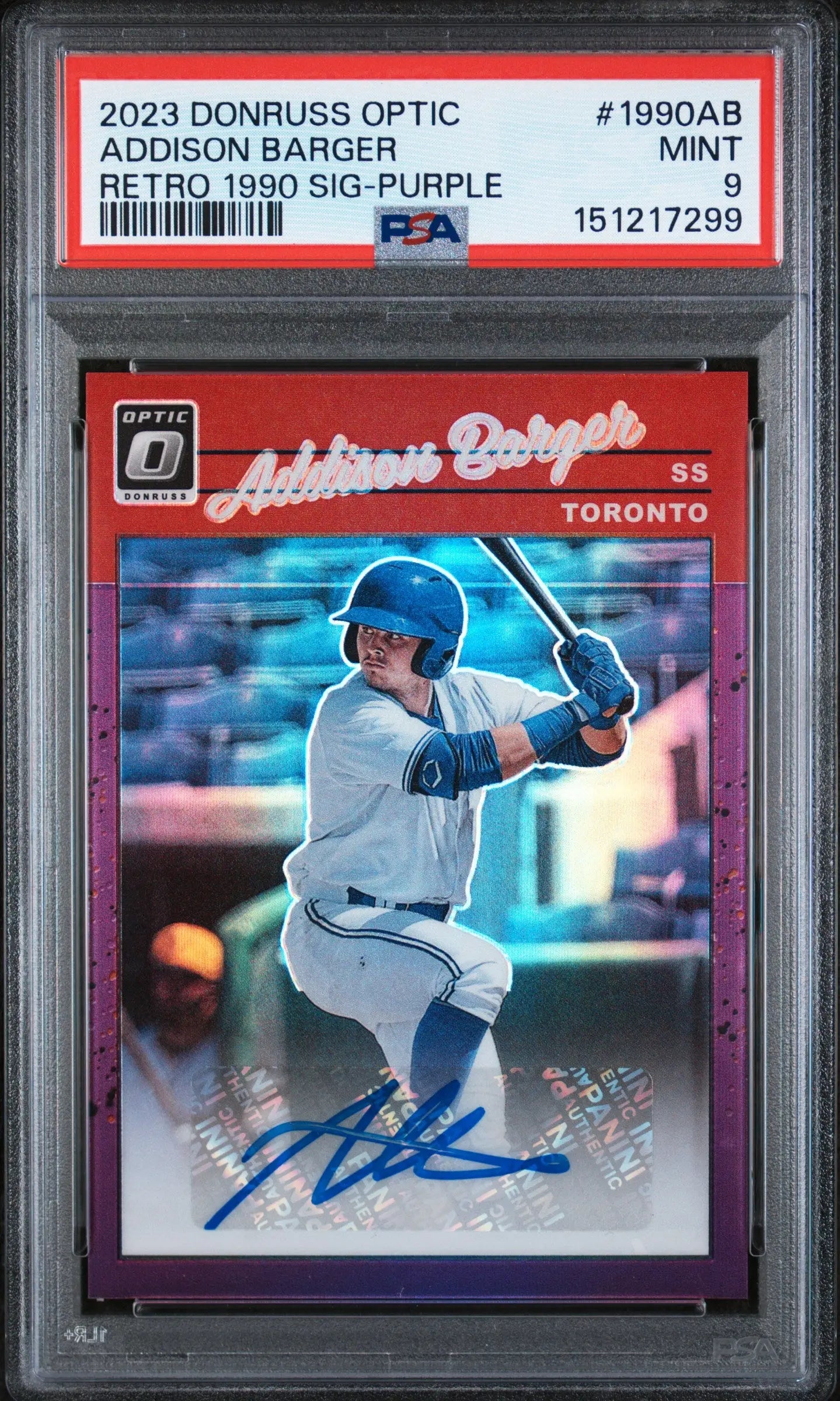 2023 Panini Donruss Optic Retro Autograph Addison Barger Auto Purple /99 PSA 9 