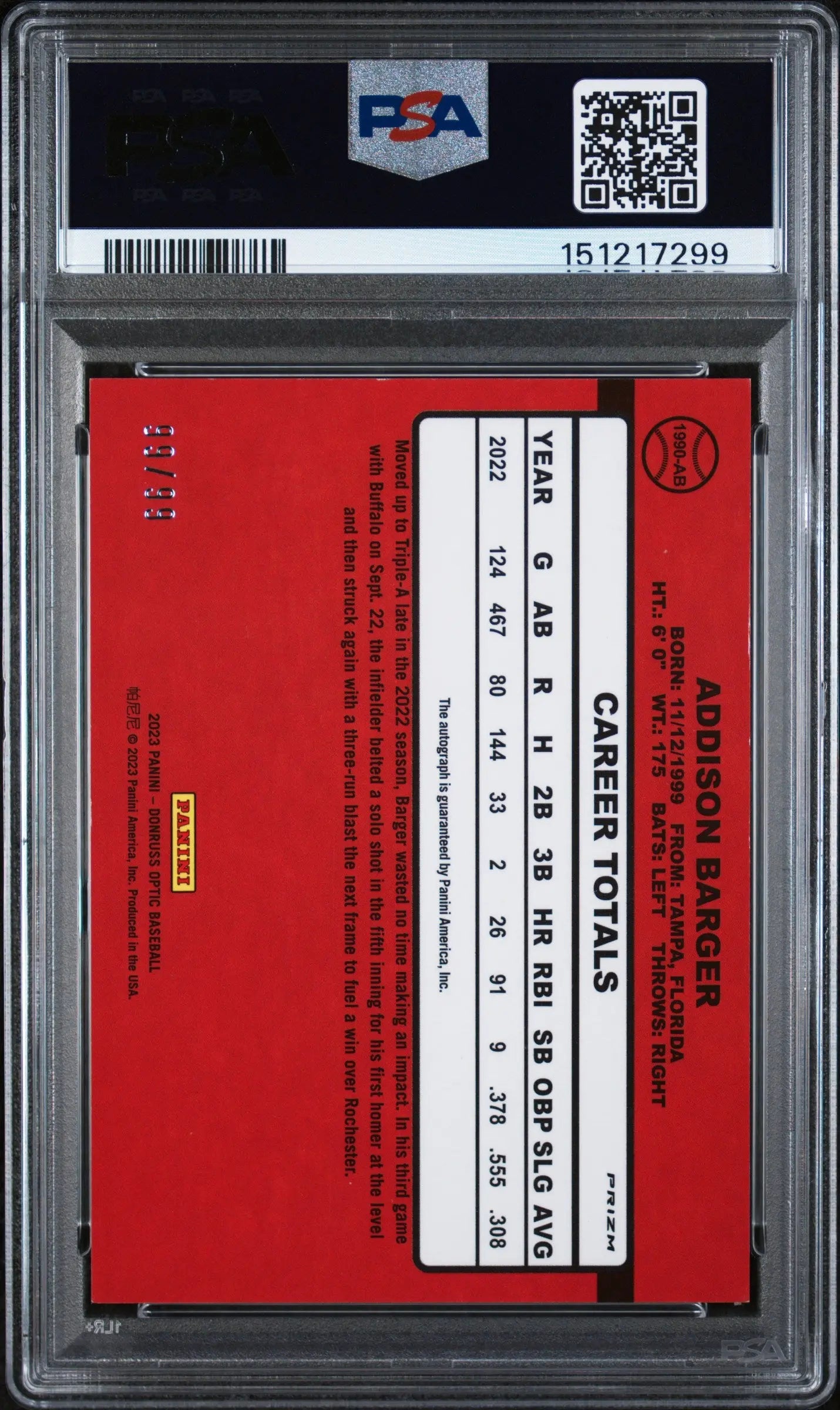2023 Panini Donruss Optic Retro Autograph Addison Barger Auto Purple /99 PSA 9 
