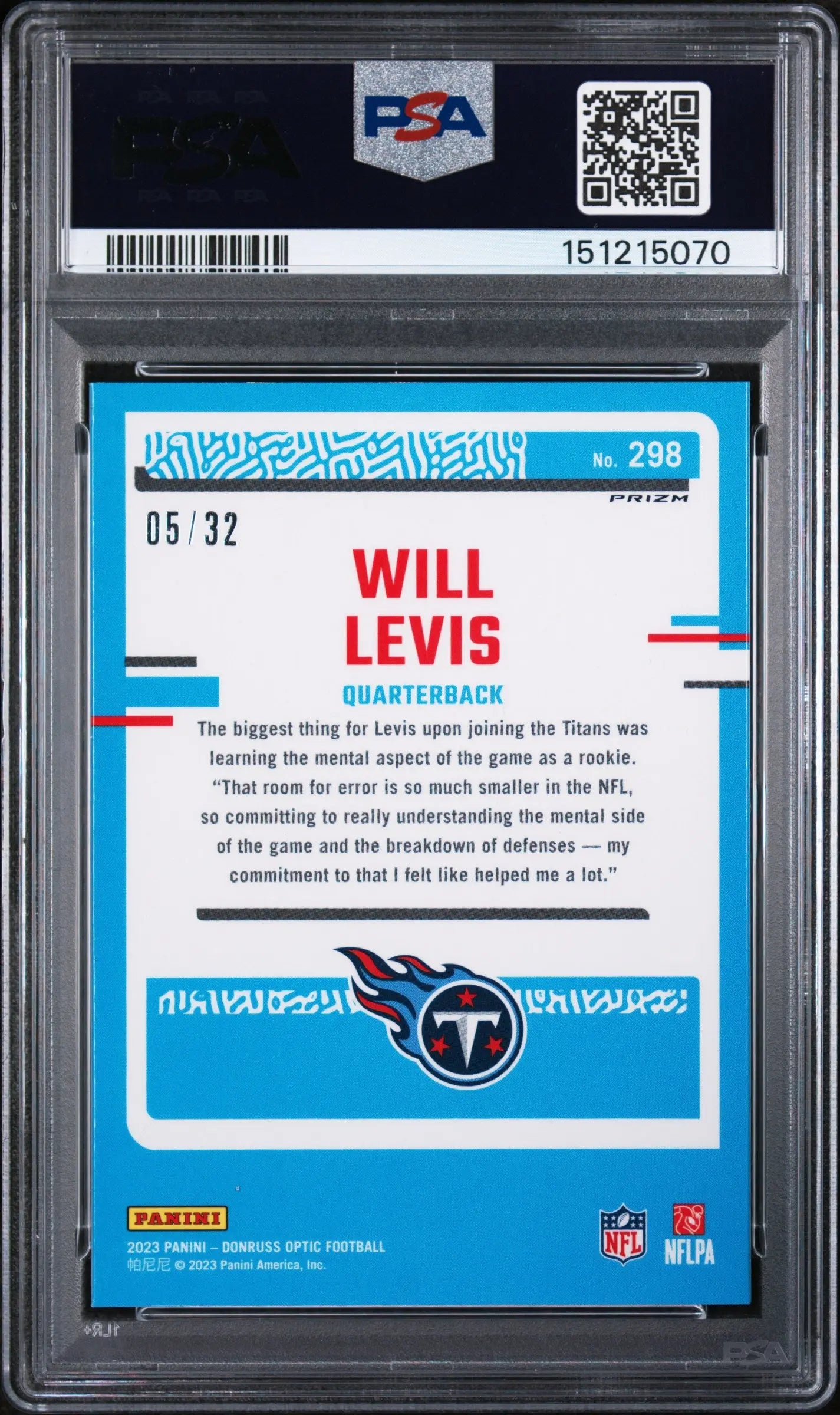 2023 Panini Donruss Optic Rookie Will Levis Shield /32 RC PSA 9 