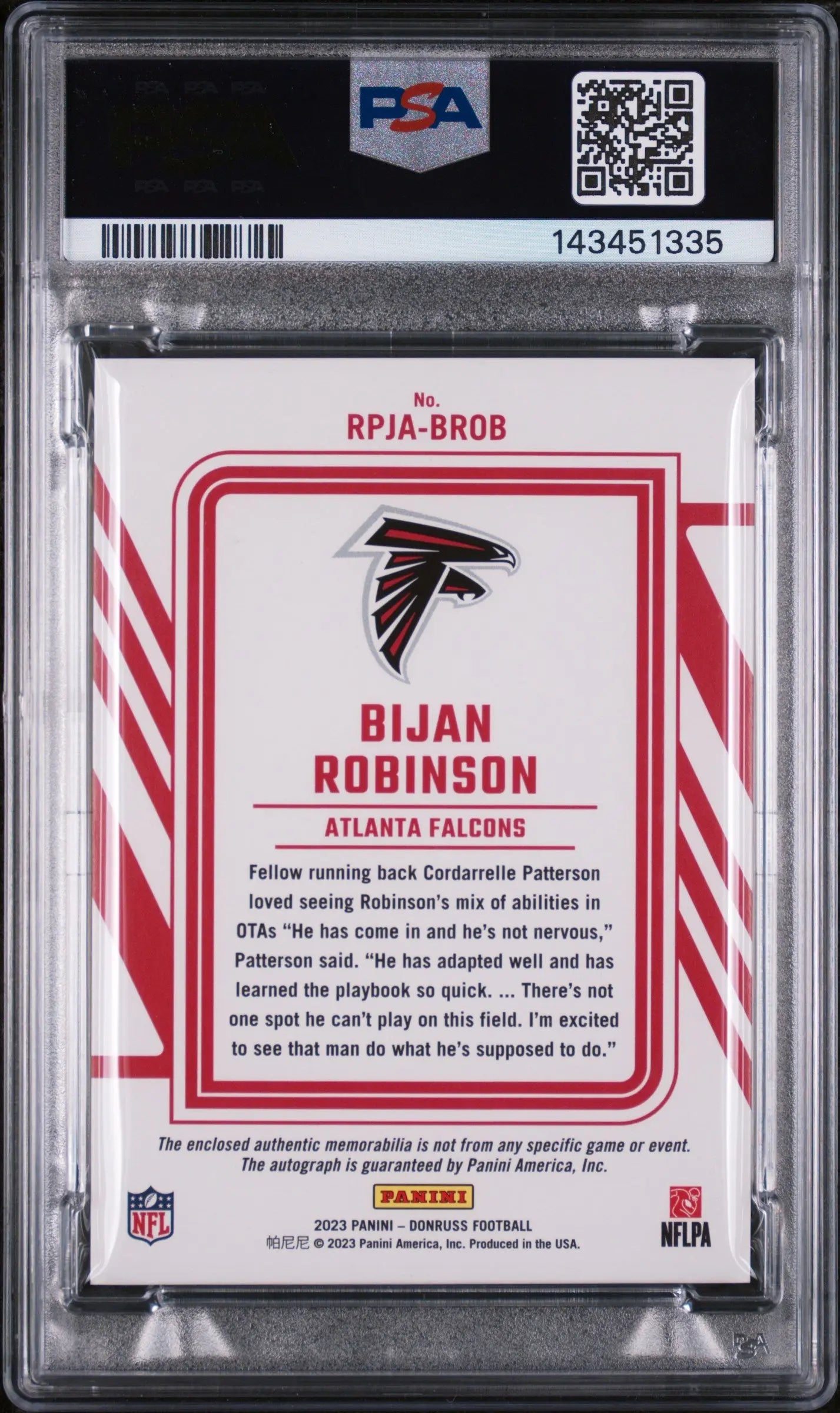 2023 Panini Donruss Rookie Phenom Jersey Autographs Bijan Robinson Auto/99 PSA10 