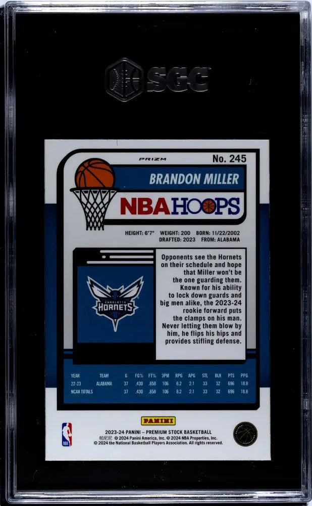 2023 Panini Hoops Premium Stock Brandon Miller RC Rookie Silver Prizm SGC 10 
