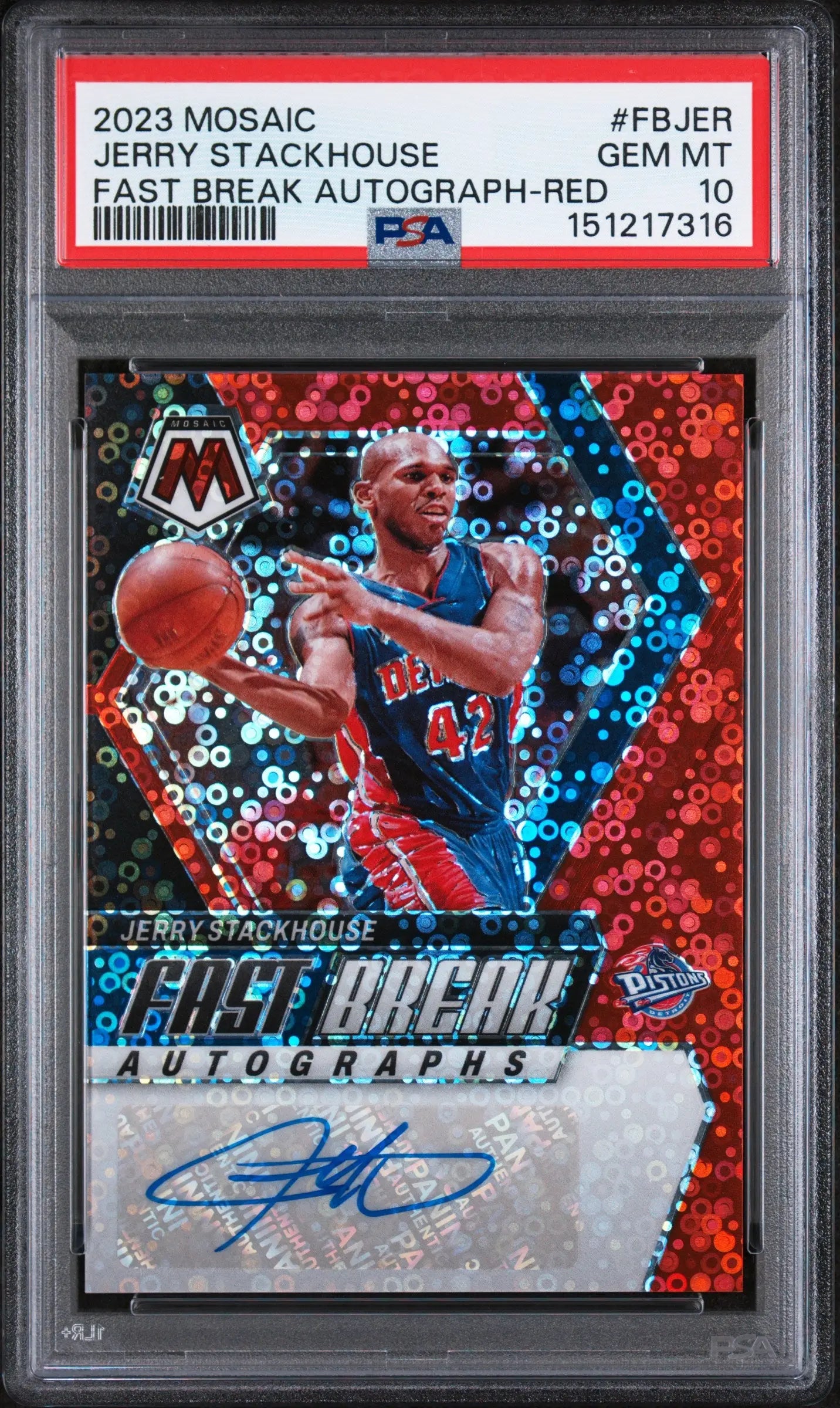 2023 Panini Mosaic Fast Break Autographs Jerry Stackhouse Auto Red /49 PSA 10 
