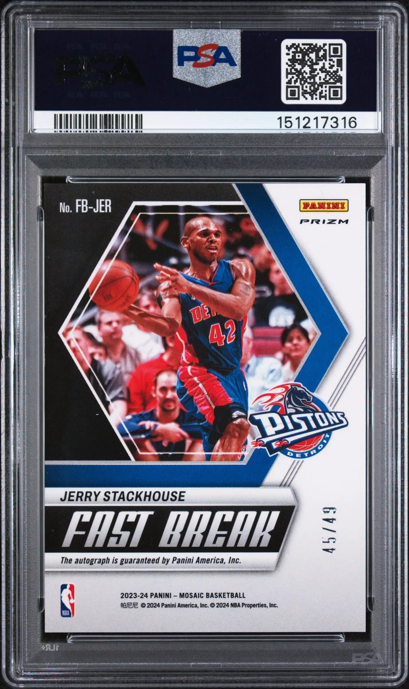 2023 Panini Mosaic Fast Break Autographs Jerry Stackhouse Auto Red /49 PSA 10 