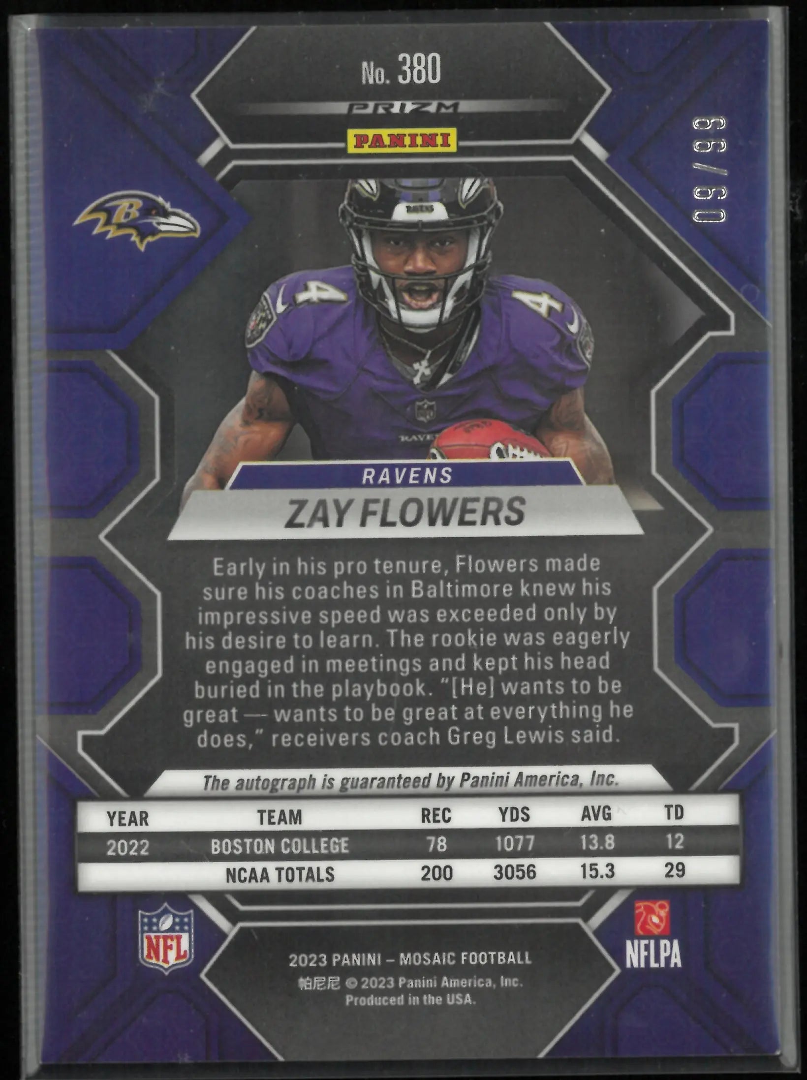 2023 Panini Mosaic Rookie Autograph Zay Flowers Blue Auto /99 RC 