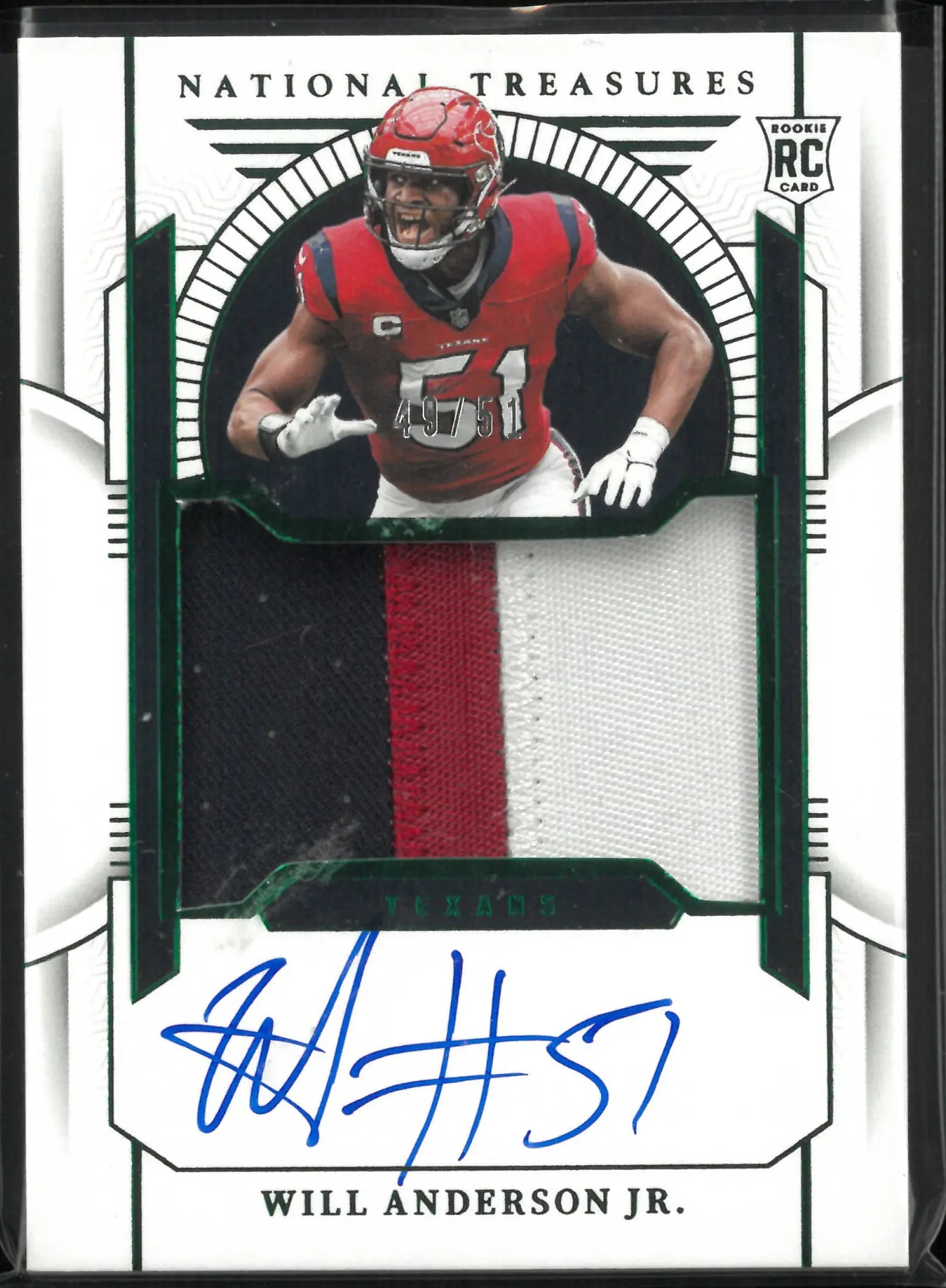 2023 Panini National Treasure Rookie Patch Autograph Will Anderson Jr. Green 