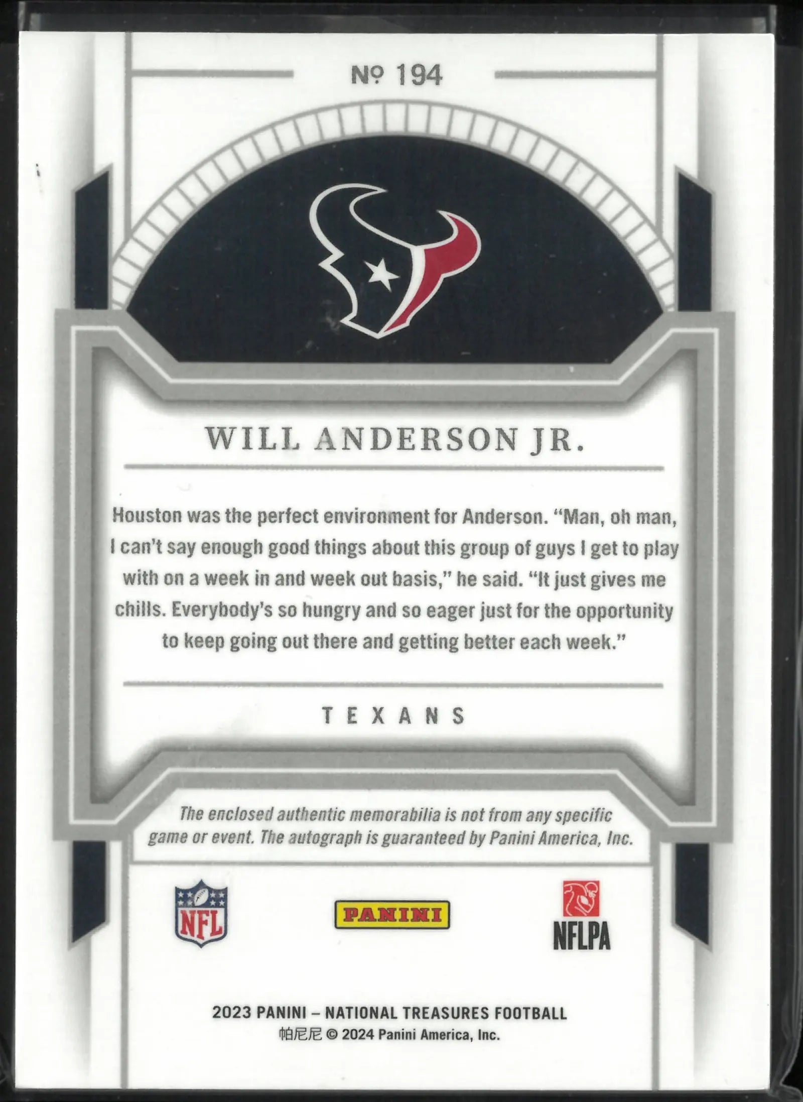 2023 Panini National Treasure Rookie Patch Autograph Will Anderson Jr. Green 