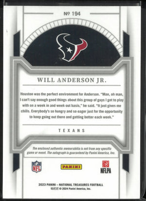 2023 Panini National Treasure Rookie Patch Autograph Will Anderson Jr. Green 