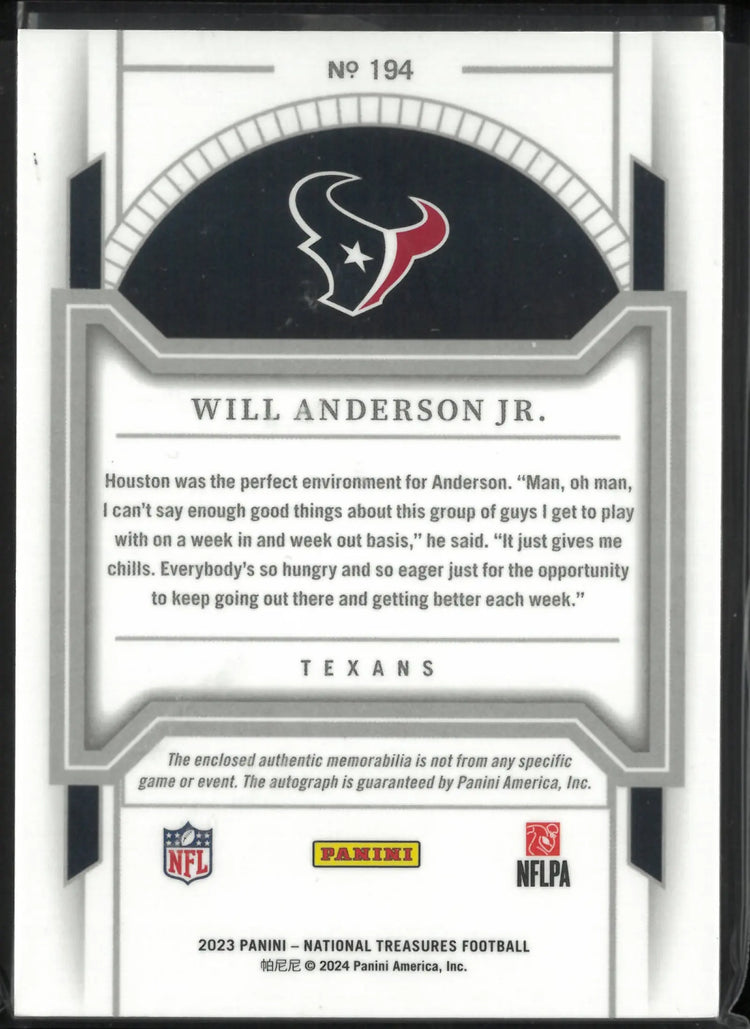 2023 Panini National Treasure Rookie Patch Autograph Will Anderson Jr. Green 