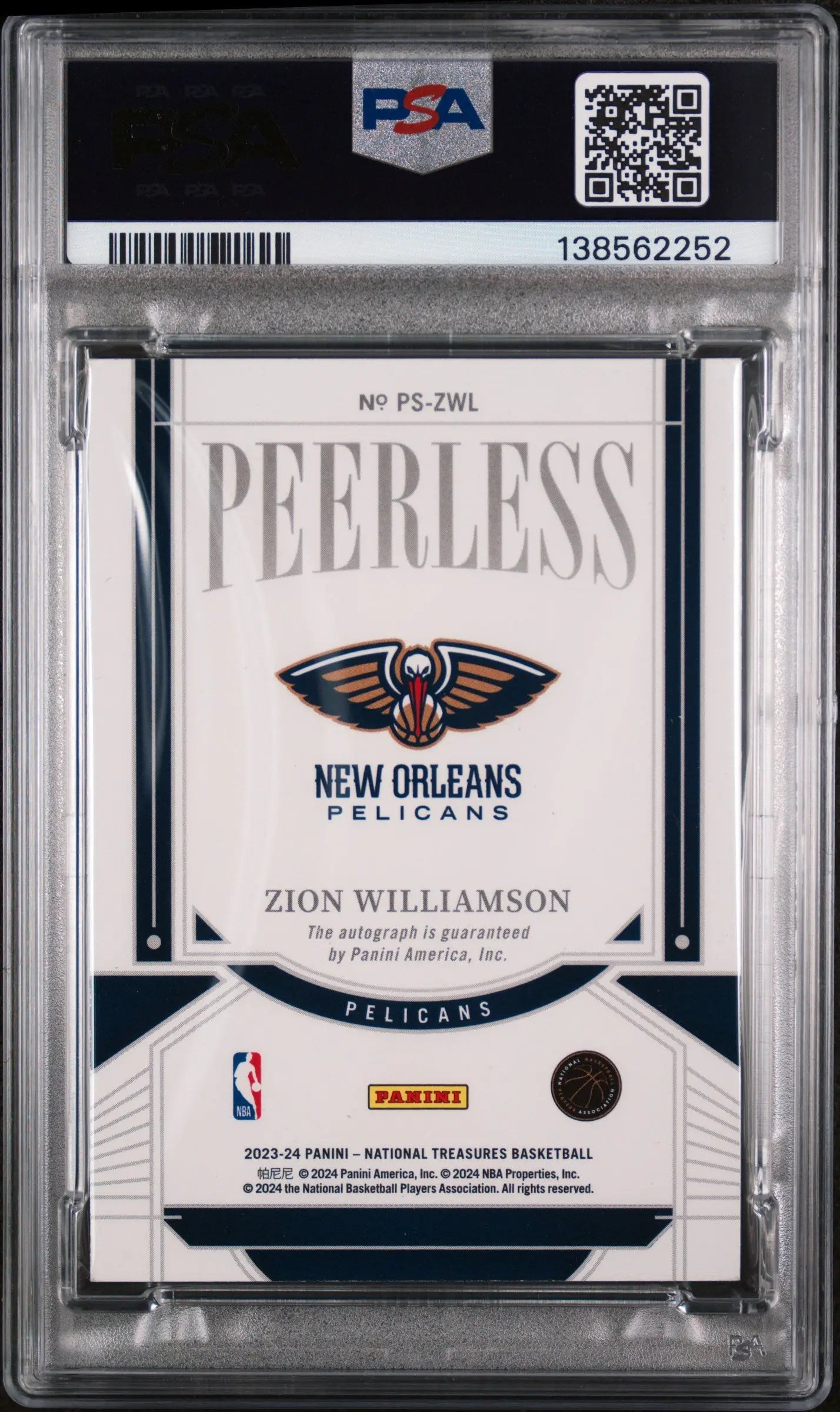 2023 Panini National Treasures Peerless SignaturesZion Williamson /25 PSA 8 