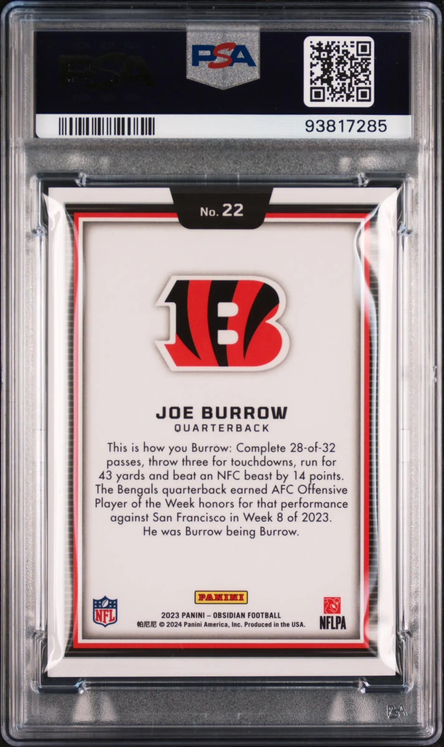 2023 Panini Obsidian Black Color Blast Joe Burrow PSA 10 