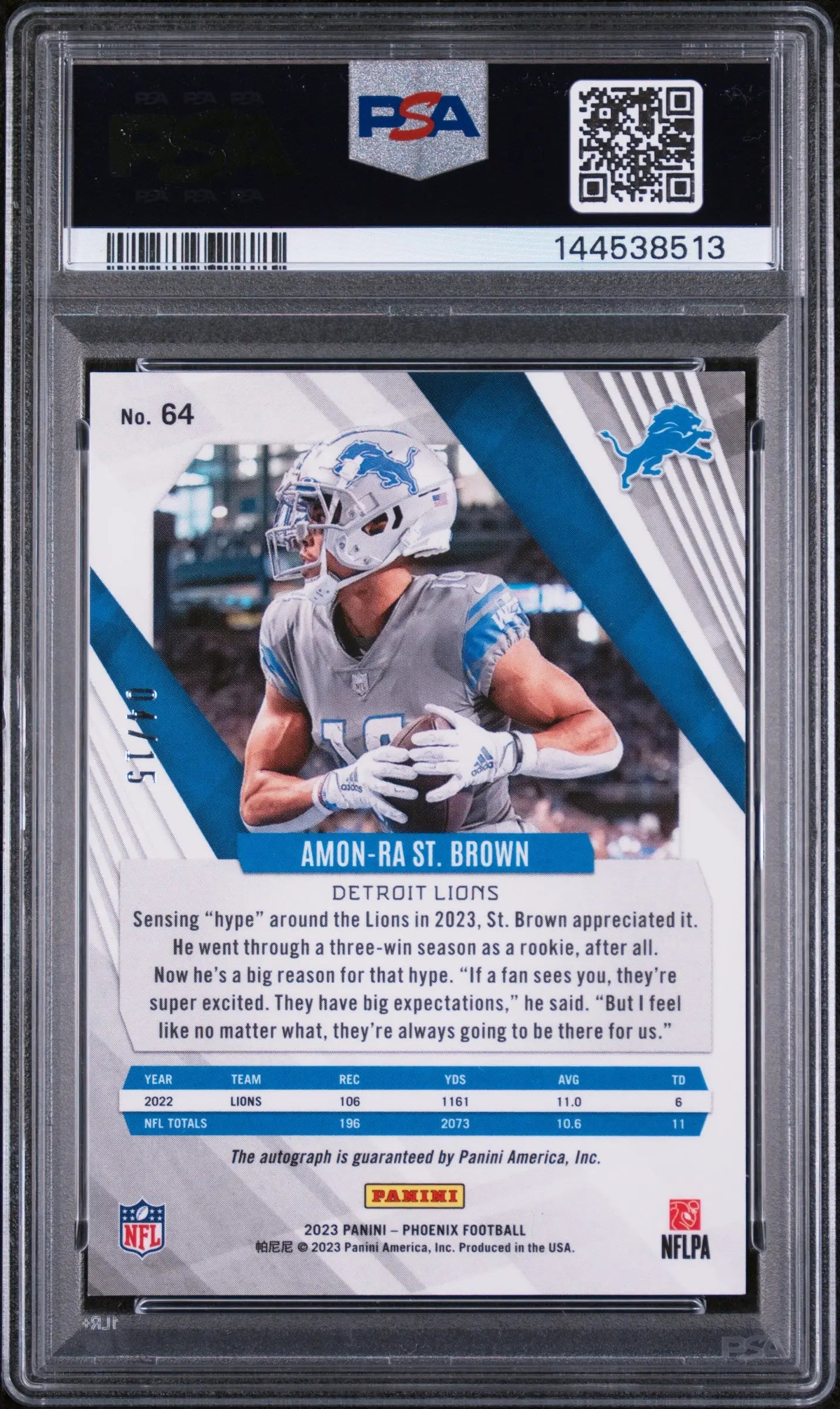 2023 Panini Phoenix Autograph Amon-Ra ST. Brown Auto Blue Ice /15 PSA 10 