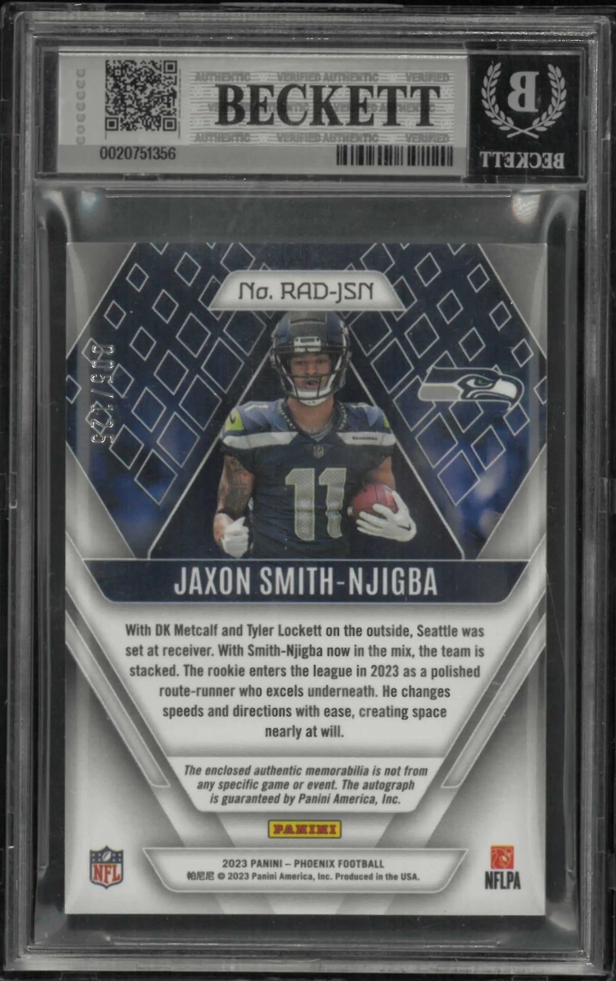 2023 Panini Phoenix Rookie Patch Auto Jaxon Smith-Njigba RC /125 BGS 7.5 Auto 10 