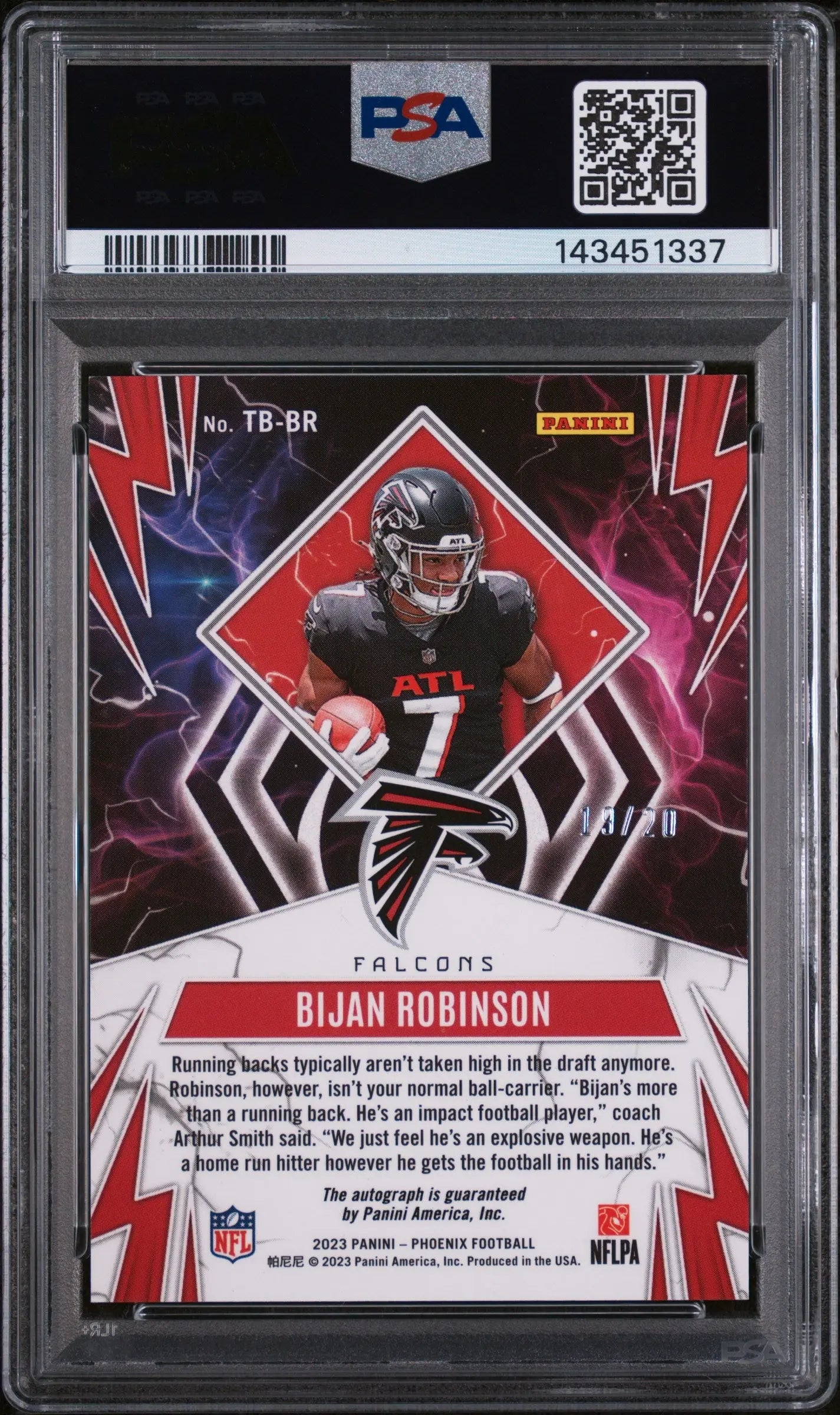 2023 Panini Phoenix Thunderbird Autograph Rookie Bijan Robinson Orange /20 PSA 9 