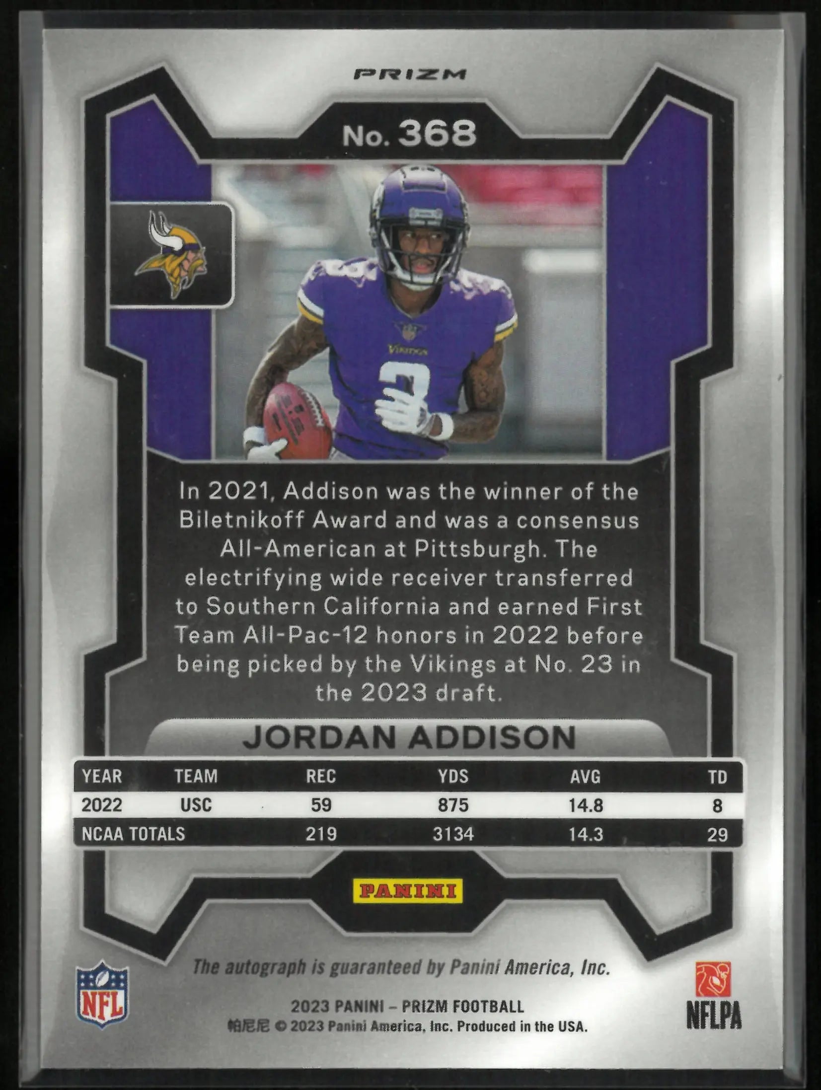 2023 Panini Prizm Autograph Jordan Addison Rookie Auto RC 