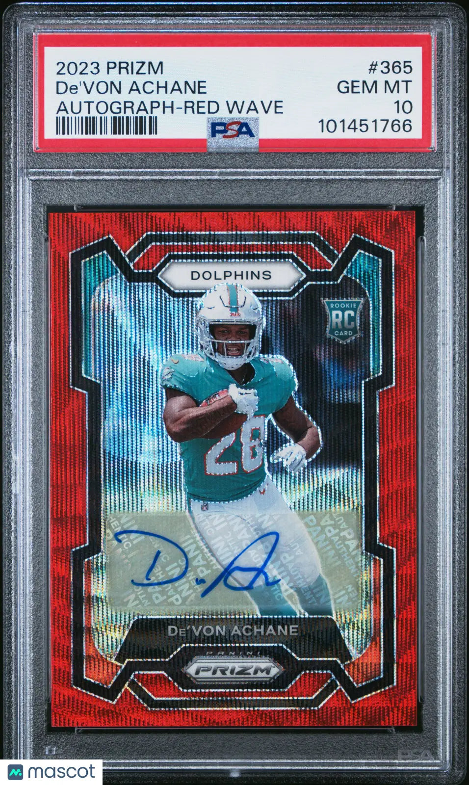 2023 Panini Prizm Autograph Rookie De'von Achane Auto Red Wave RC PSA 10 