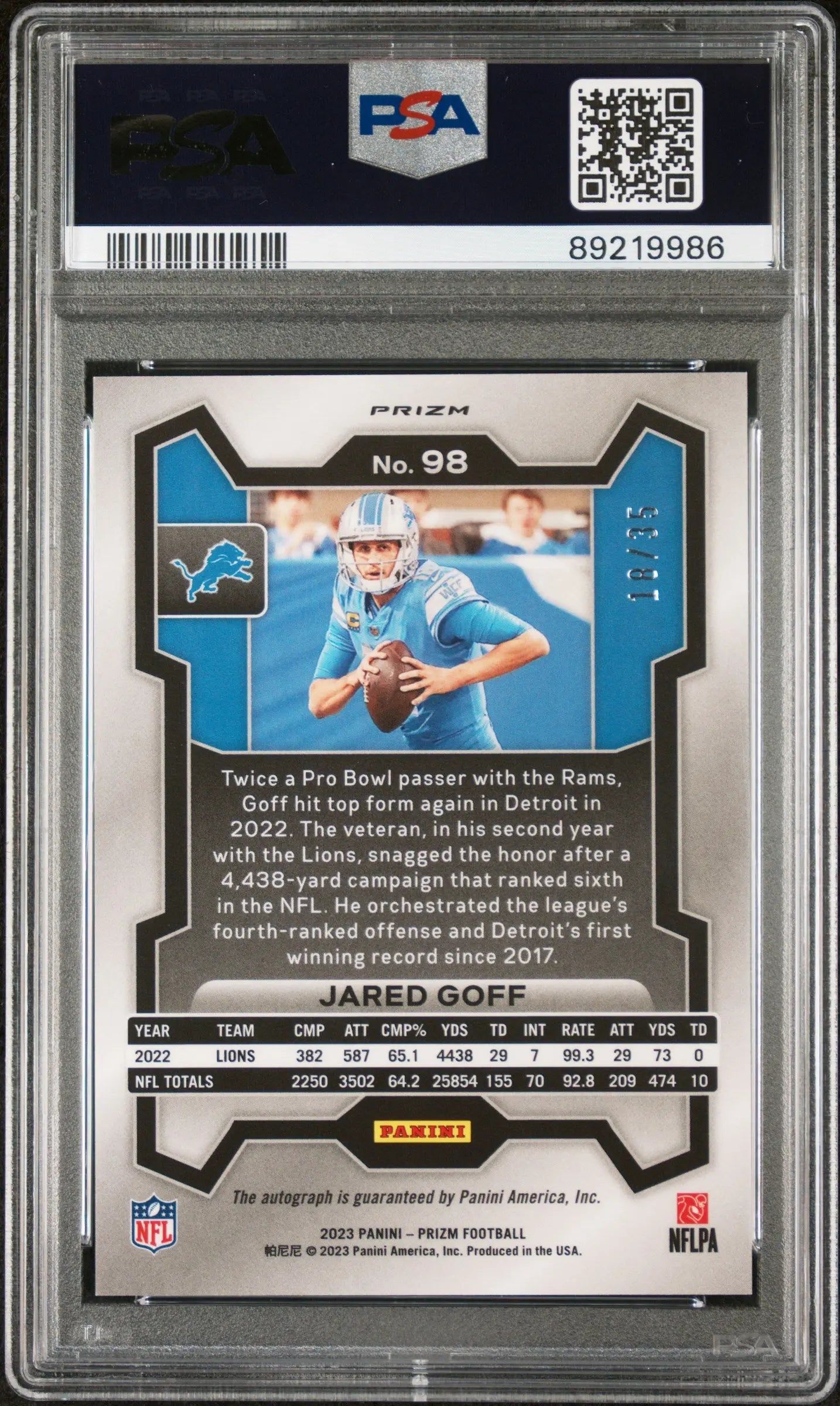 2023 Panini Prizm Jared Goff Auto Autograph Red Shimmer /35 PSA 10 