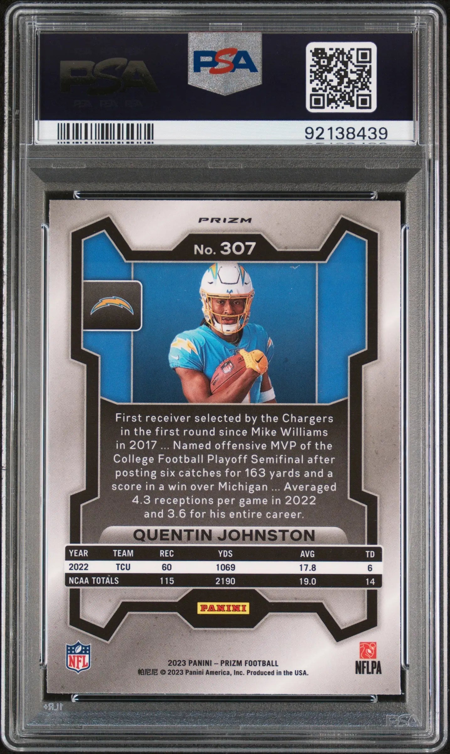 2023 Panini Prizm Quentin Johnston #307 Variation PSA 10 RC Rookie Chargers 