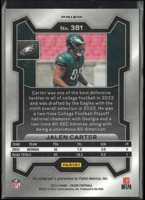 2023 Panini Prizm Rookie Autograph Jalen Carter Auto RC 