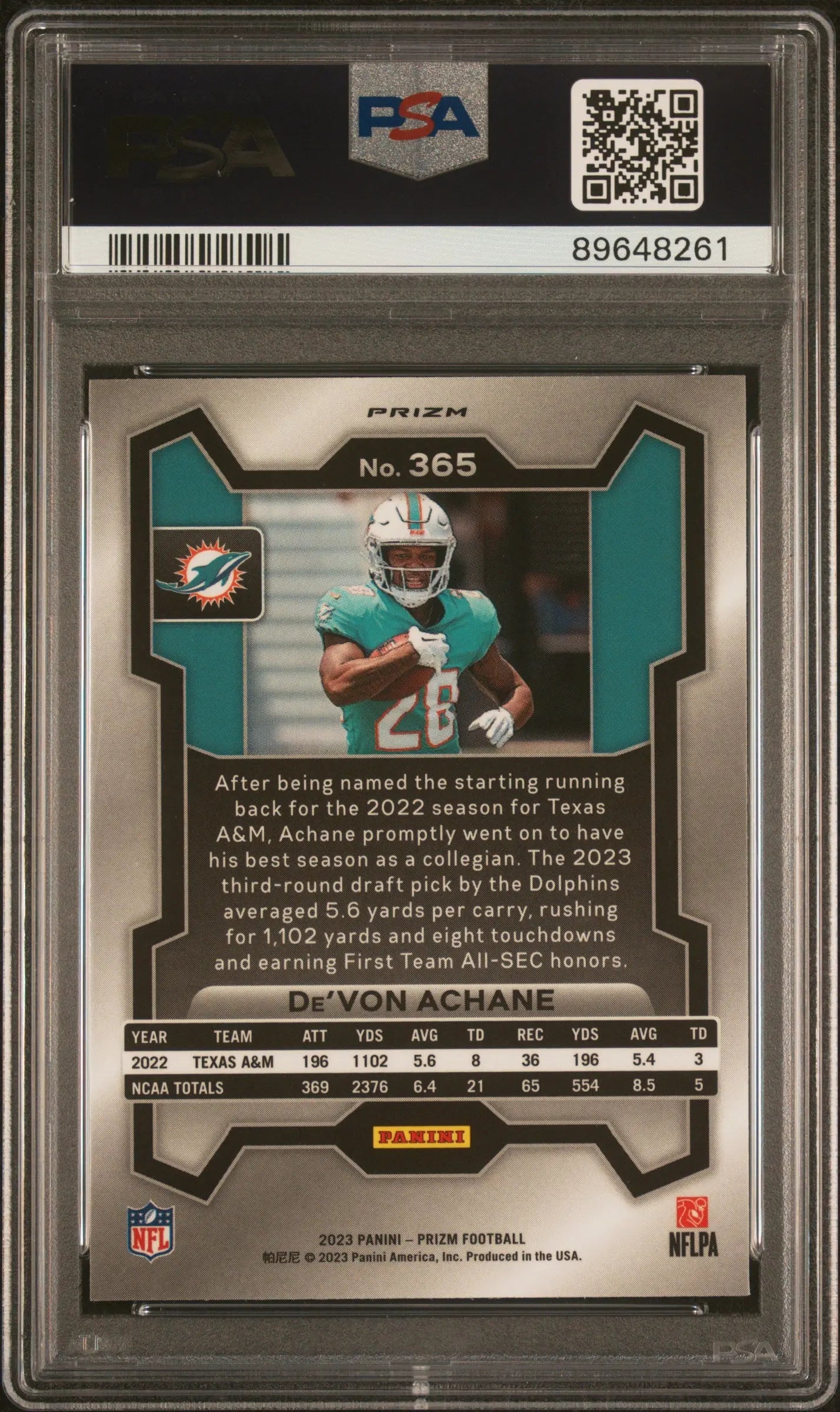 2023 Panini Prizm Rookie De'von Achane Neon Green Pulsar RC PSA 10 