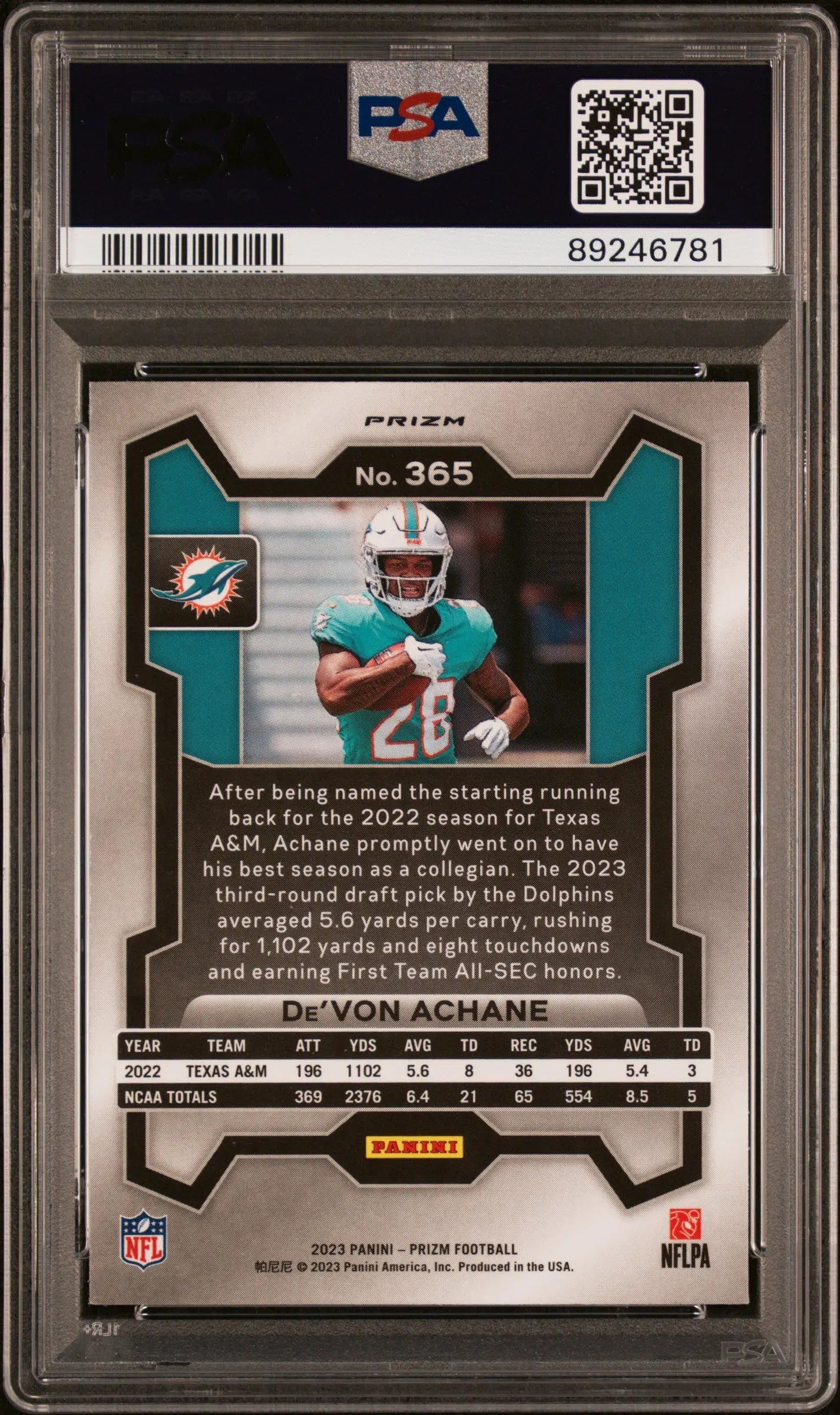 2023 Panini Prizm Rookie De'von Achane Silver RC PSA 9 