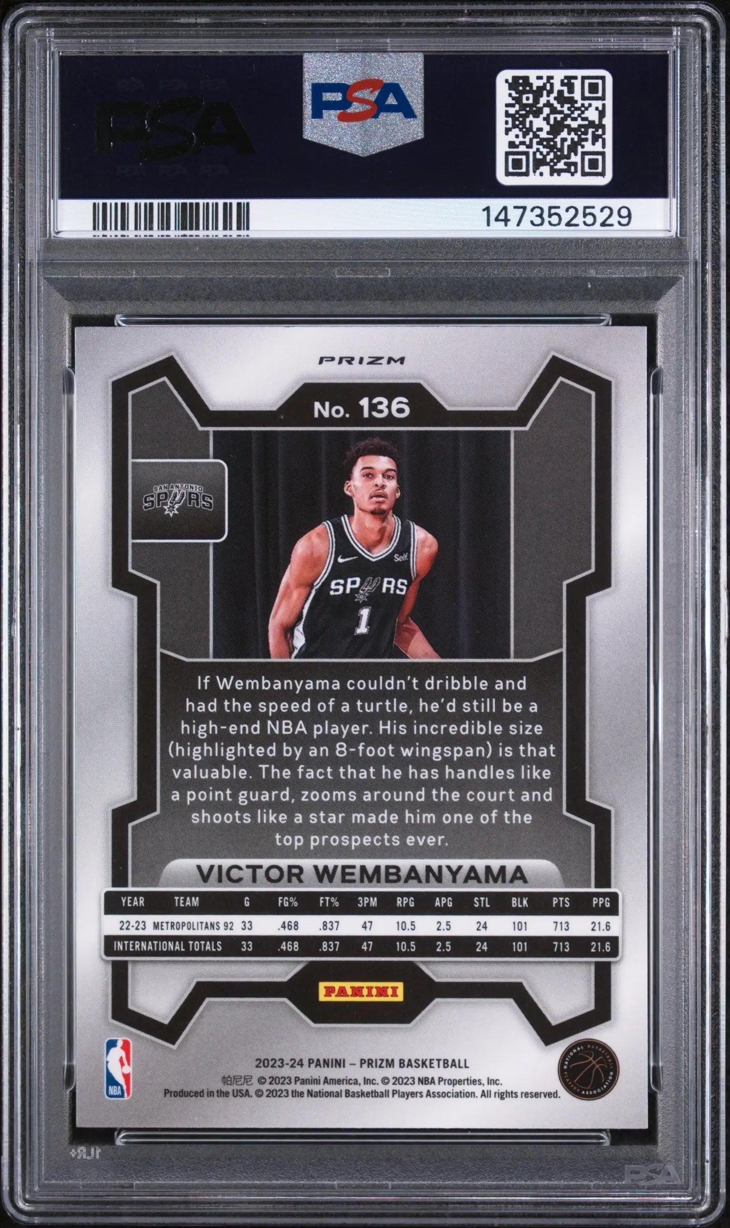 2023 Panini Prizm Rookie Victor Wembanyama Silver RC PSA 10 