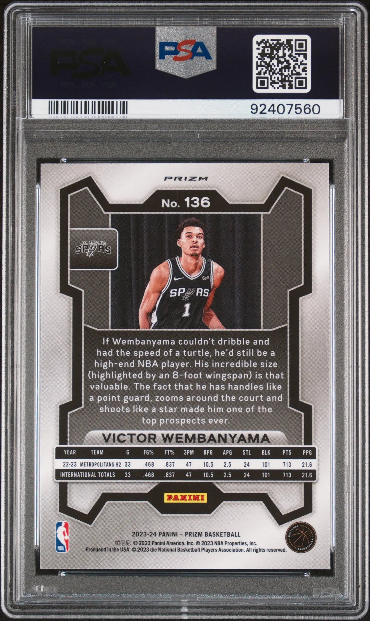 2023 Panini Prizm Victor Wembanyama RC Rookie #136 Silver Prizm PSA 10 