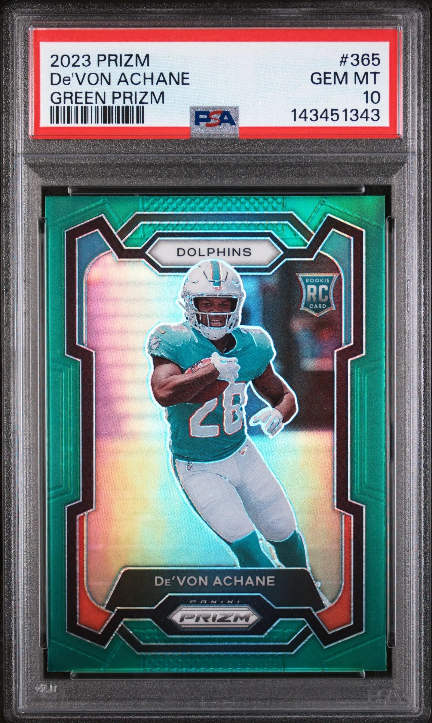 2023 Panini Rookie De'von Achane Green Prizm PSA 10 