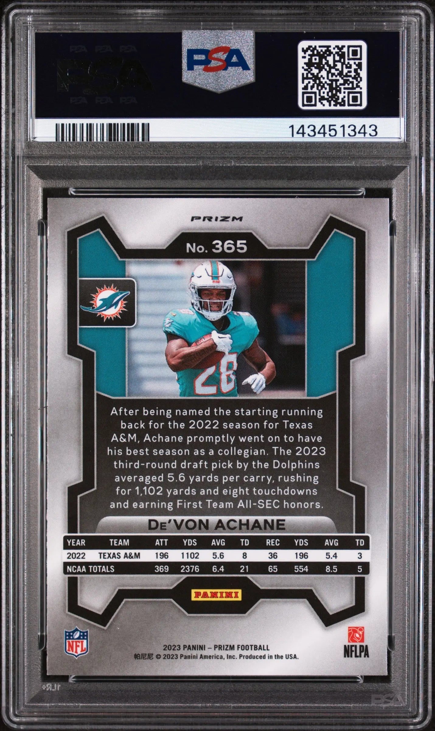 2023 Panini Rookie De'von Achane Green Prizm PSA 10 