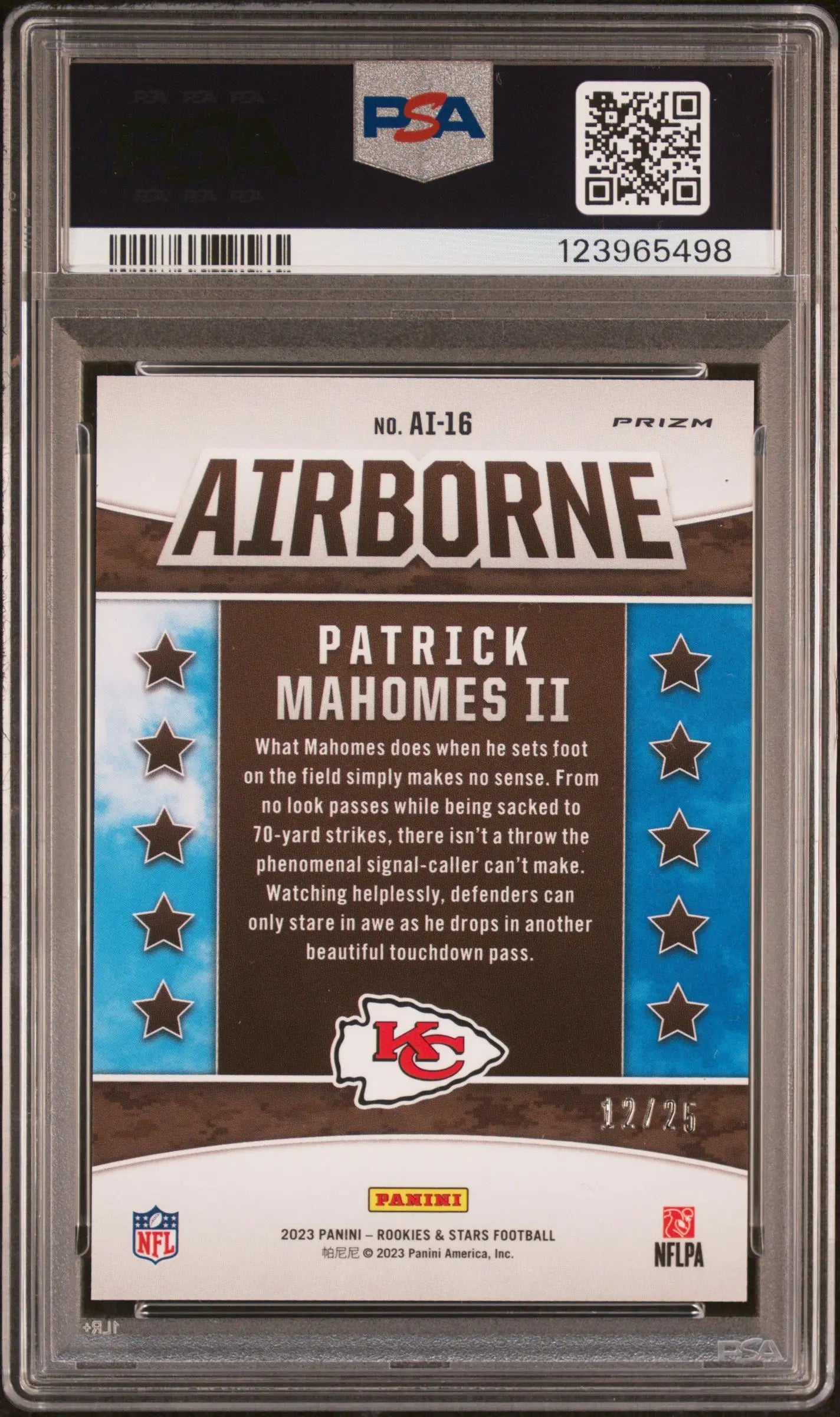 2023 Panini Rookies & Stars Airborne Patrick Mahomes II  Orange PSA 10 /25 