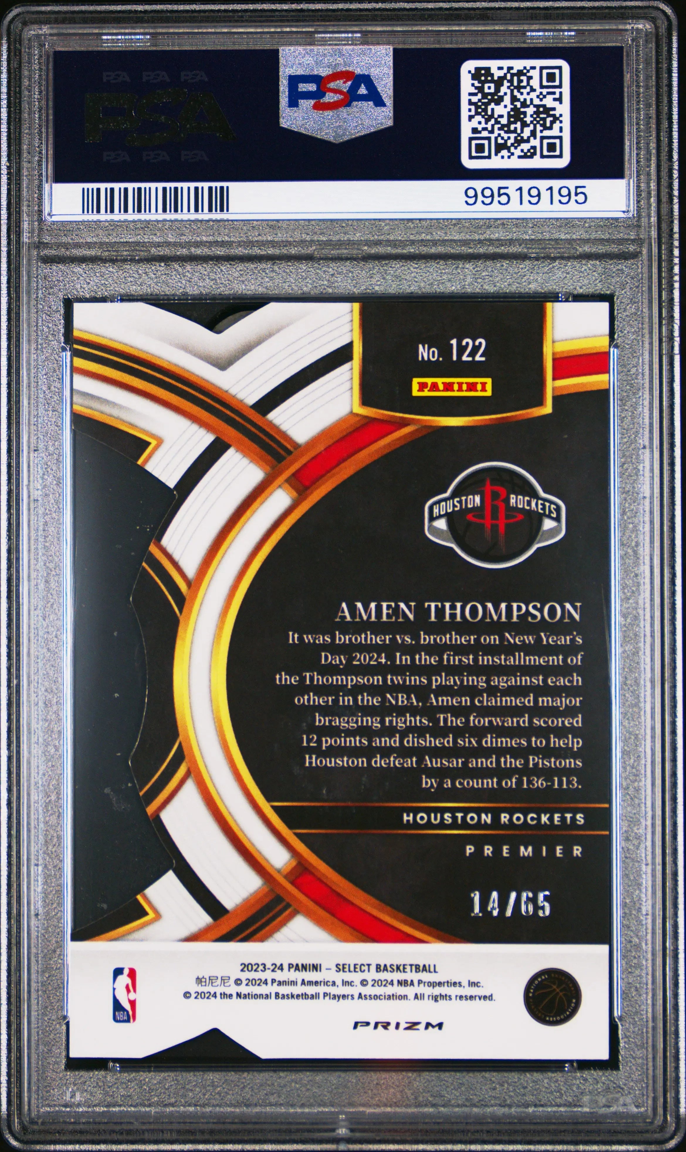 2023 Panini Select Amen Thompson RC Rookie Die Cut Orange Prizm PSA 10 /65 