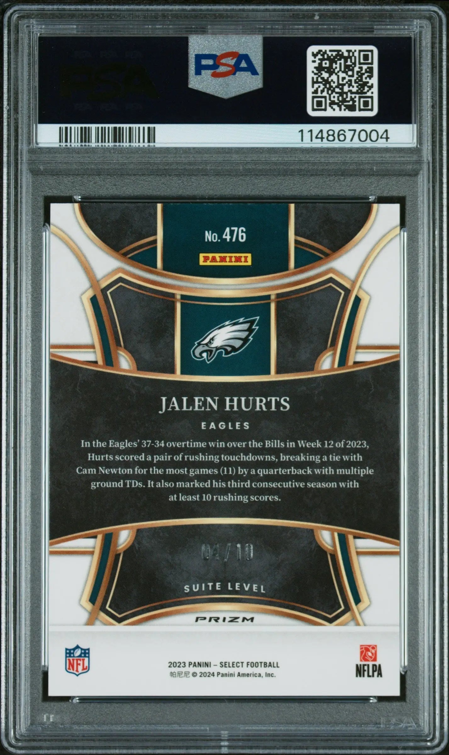 2023 Panini Select Jalen Hurts Gold Disco Prizm /10 PSA 9 
