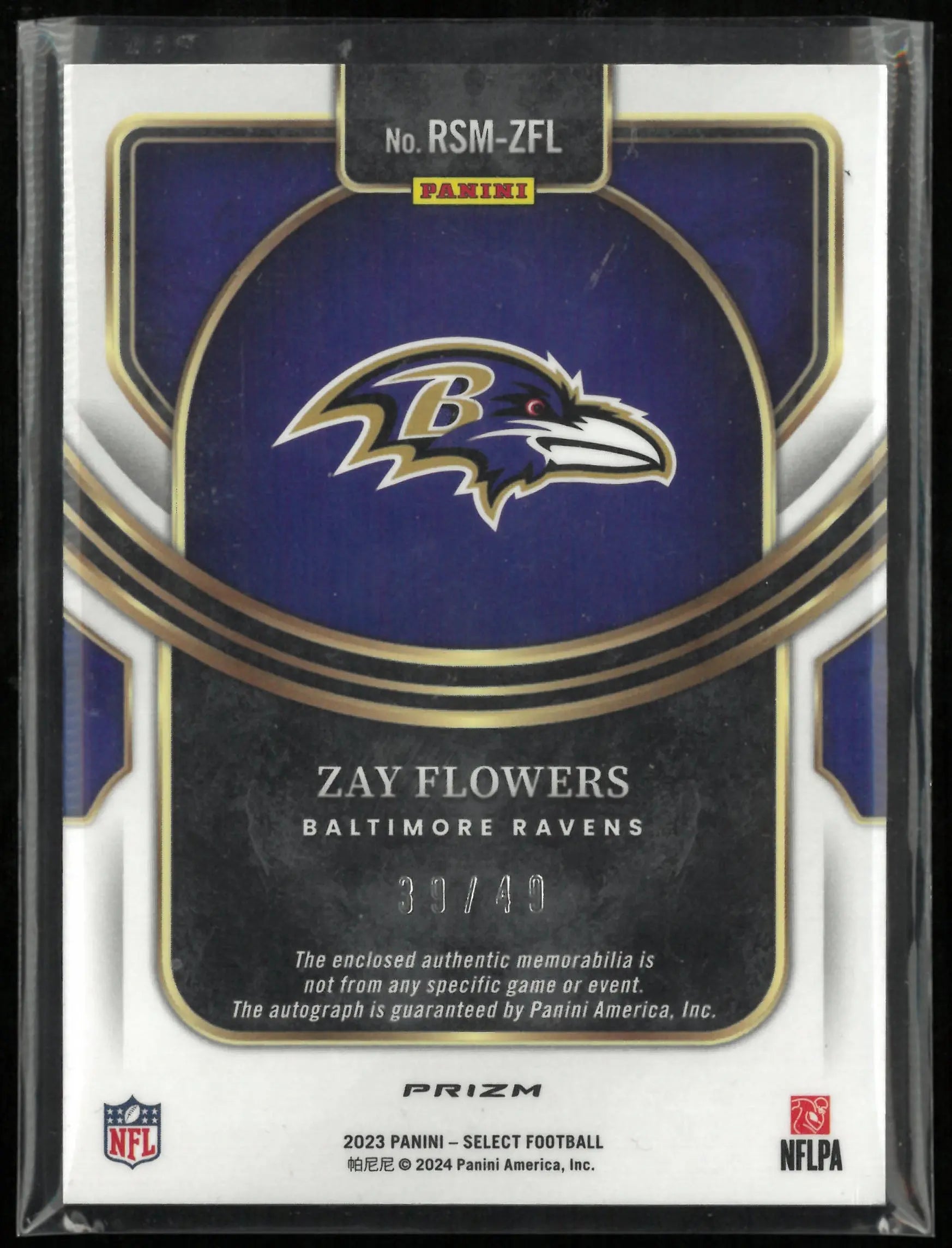 2023 Panini Select Rookie Patch Autograph Zay Flowers Auto RC  Purple /49 