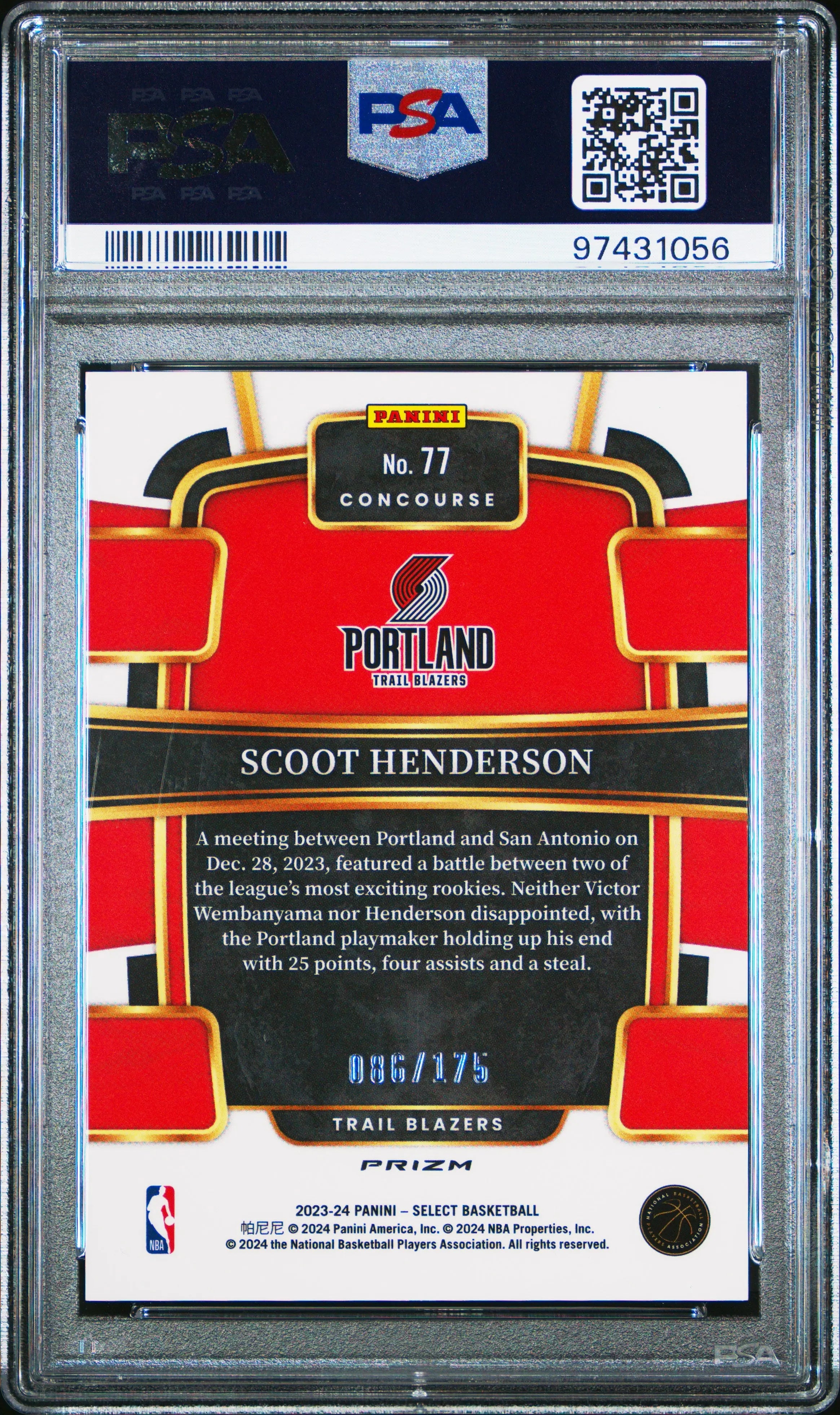 2023 Panini Select Rookie Scoot Henderson Purple Flash /175 RC PSA 10 