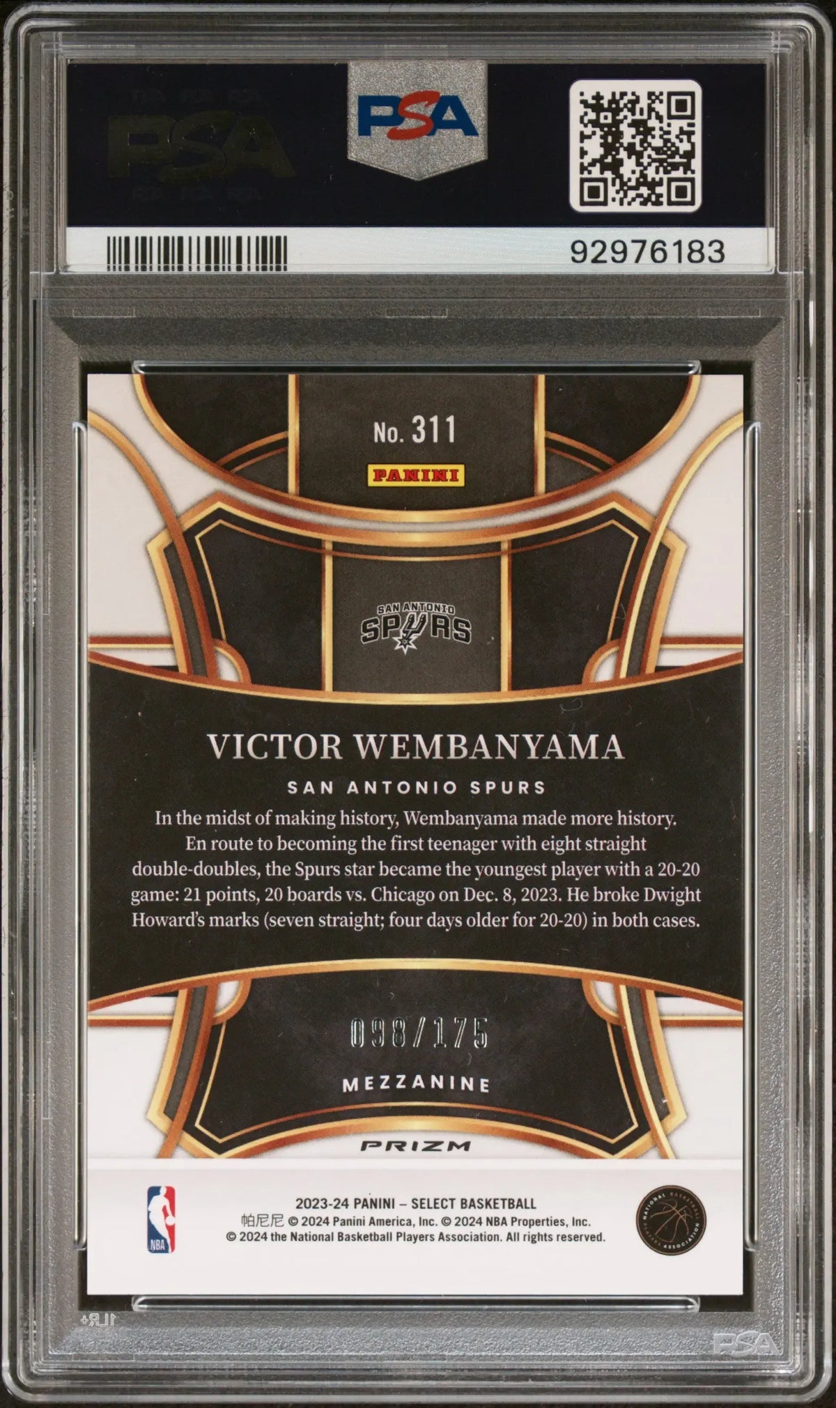 2023 Panini Select Rookie Victor Wembanyama Purple Flash /175 RC PSA 10 