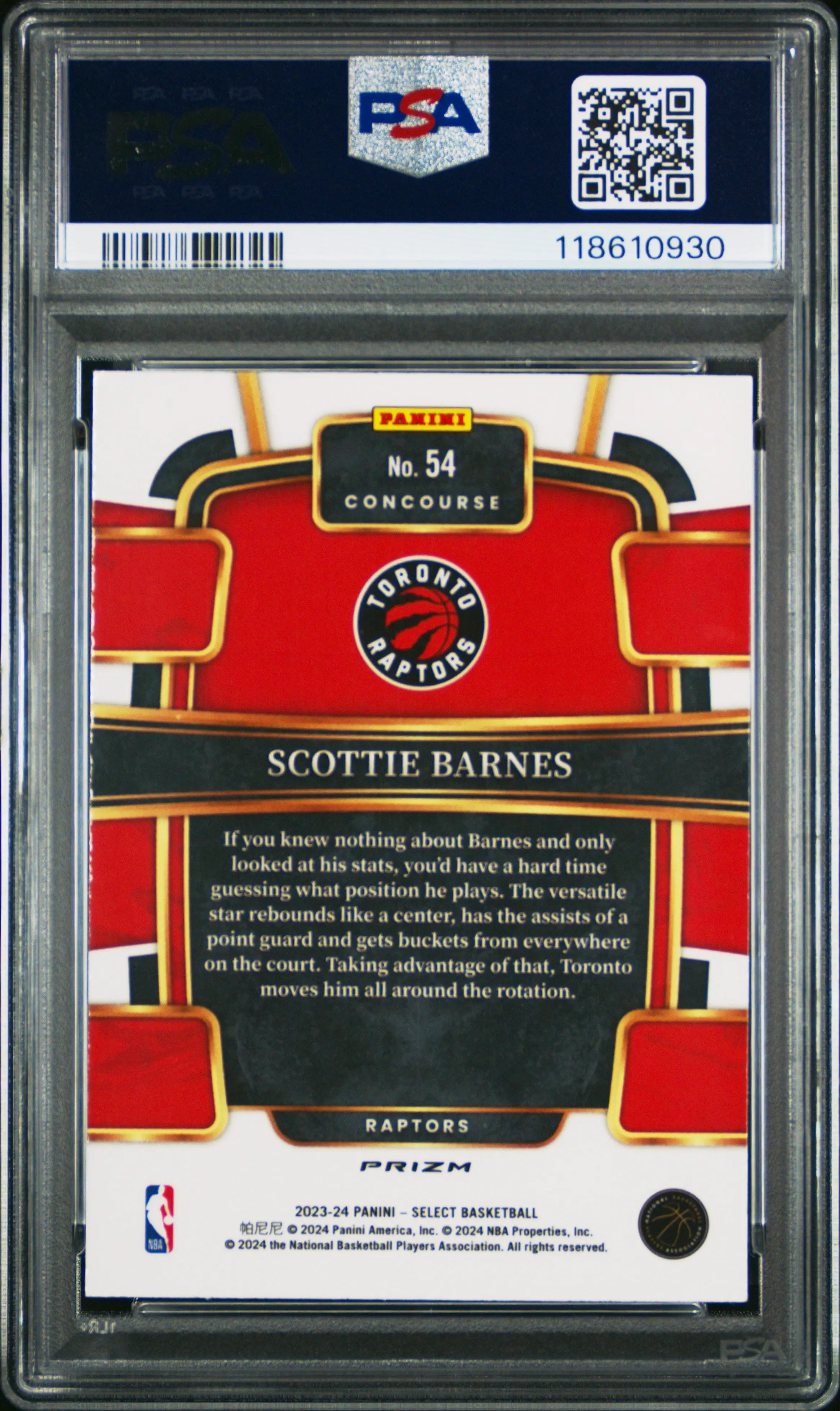 2023 Panini Select Scottie Barnes #54 Tiger Prizm PSA 10 