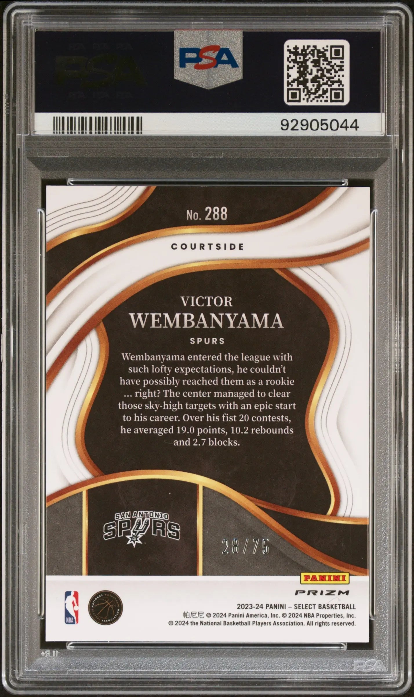 2023 Panini Select Victor Wembanyama RC Rookie #288 White Disco PSA 10 /75 