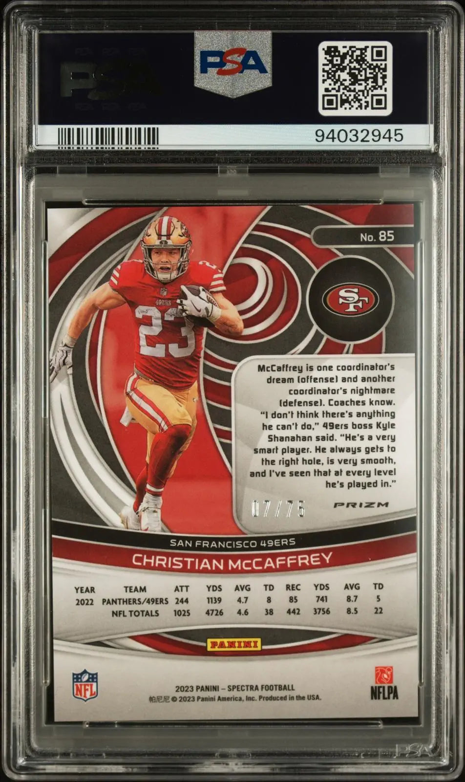2023 Panini Spectra Christian Mccaffrey Hyper PSA 10 