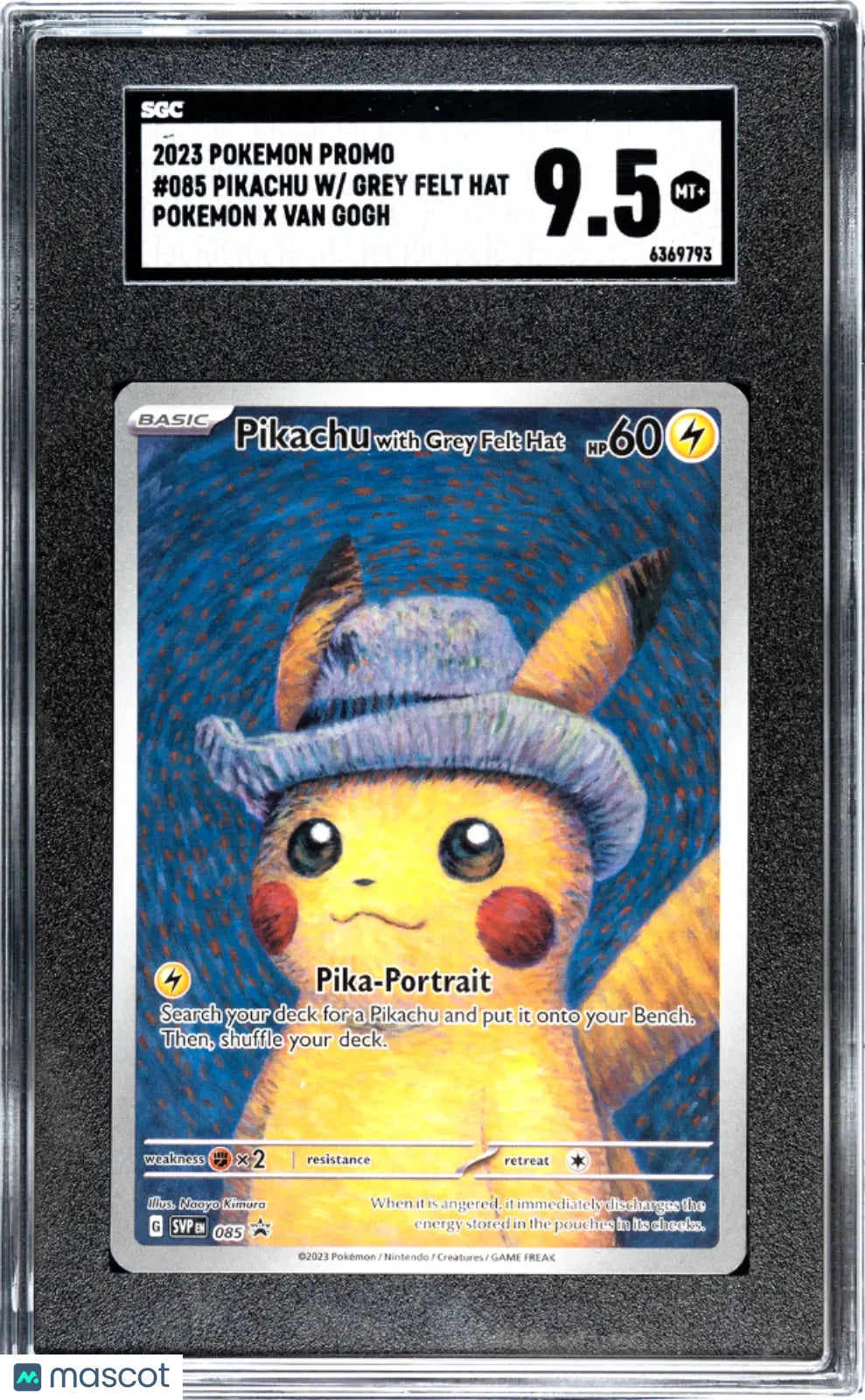 2023 Pokemon Promo Pikachu W/ Grey Felt Hat Pokemon X Van Gough SGC 9.
