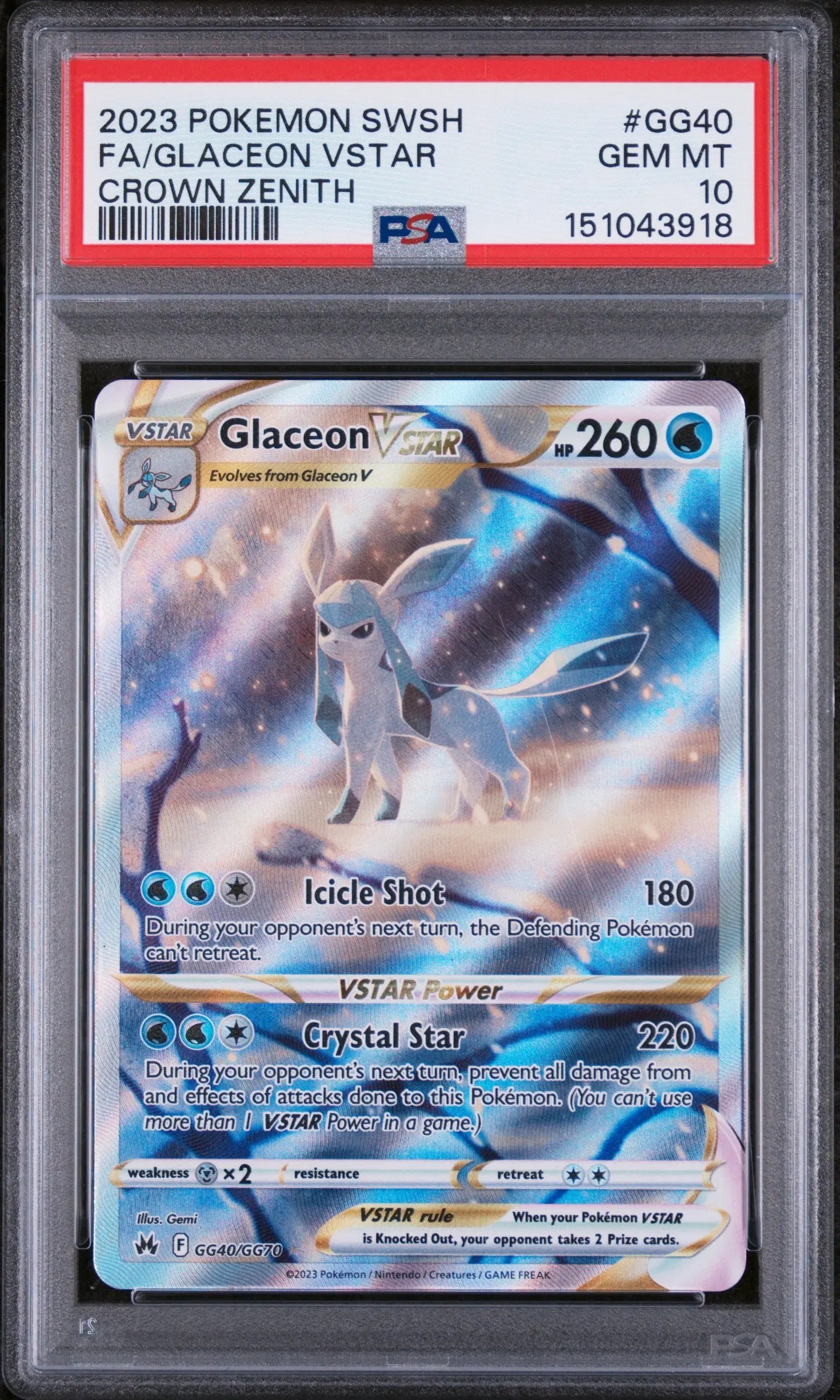 2023 Pokemon Sword And Shield Crown Zenith Glaceon Vstar GG40/GG70 PSA 10 