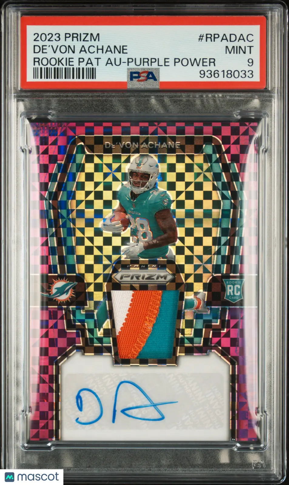 2023 Prizm Football Rookie Patch Auto De’Von Achane RC Purple Power PSA 9 /49 