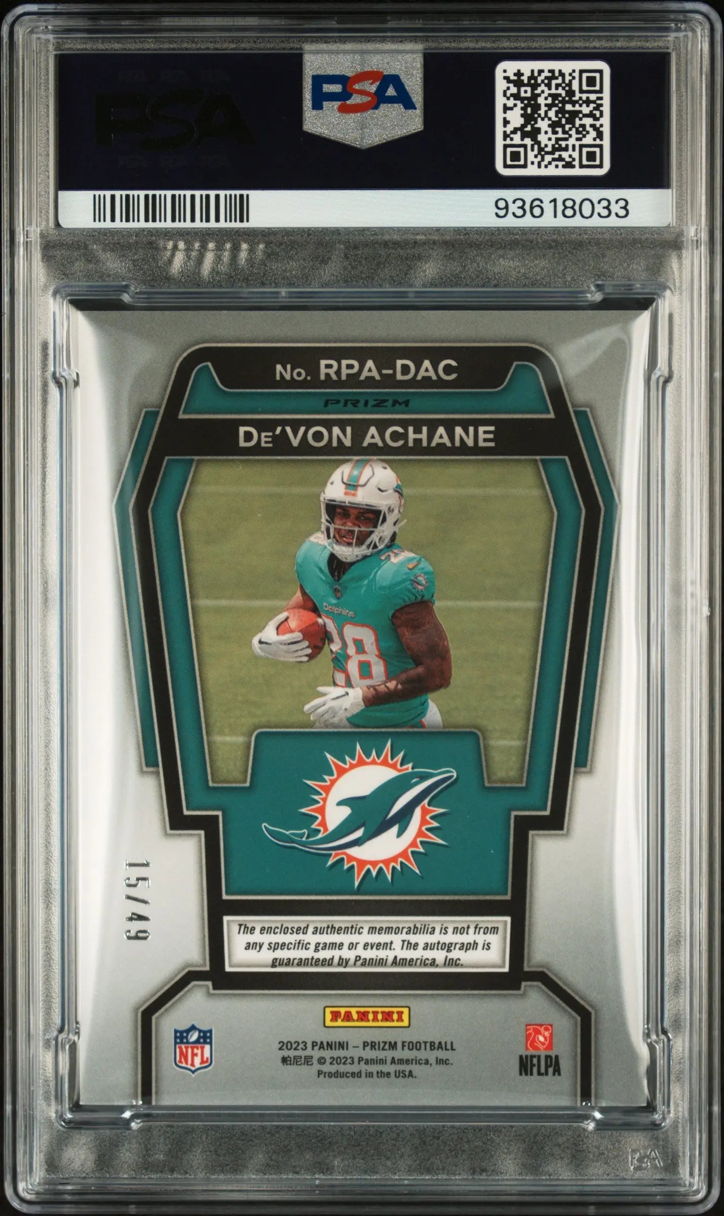 2023 Prizm Football Rookie Patch Auto De’Von Achane RC Purple Power PSA 9 /49 