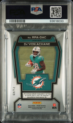 2023 Prizm Football Rookie Patch Auto De’Von Achane RC Purple Power PSA 9 /49 