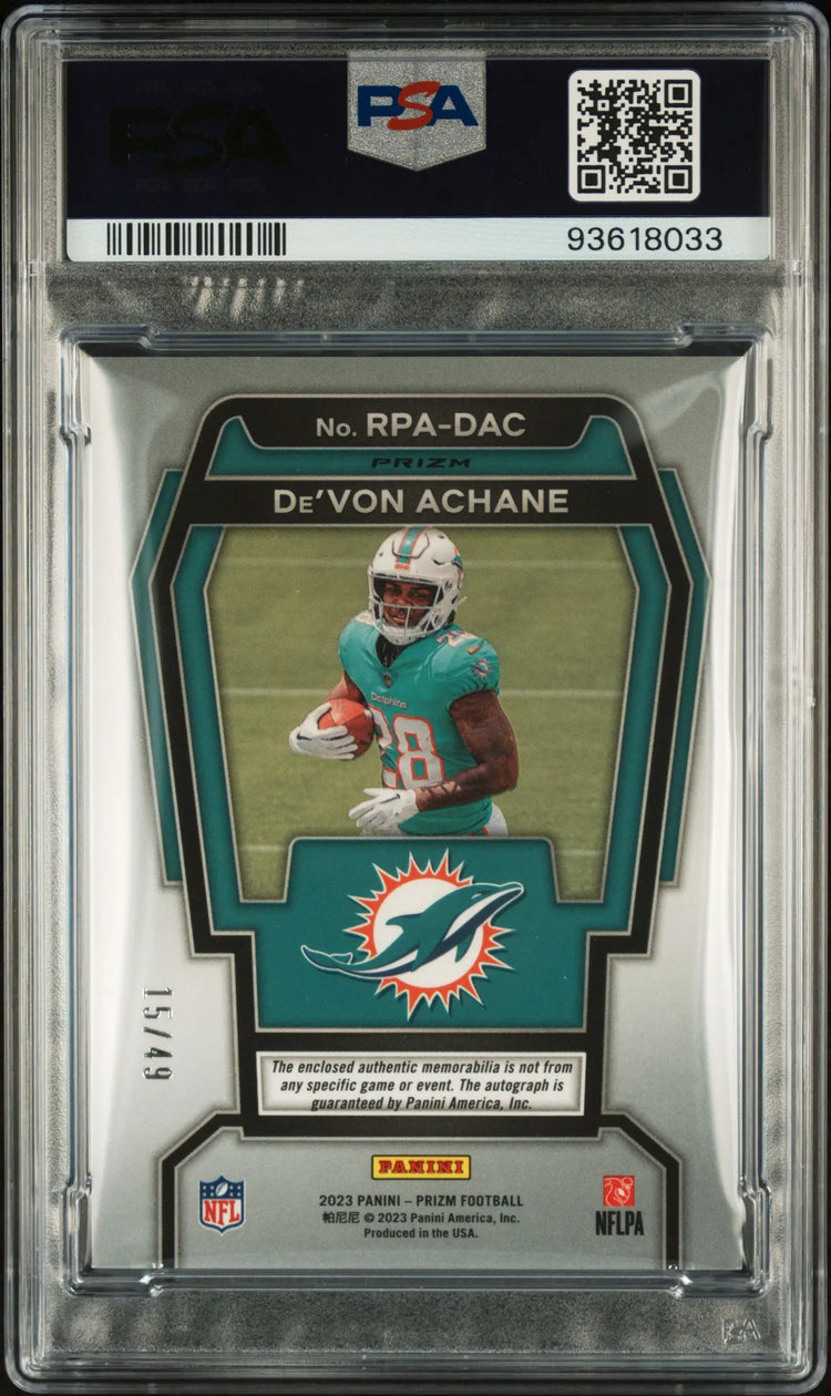 2023 Prizm Football Rookie Patch Auto De’Von Achane RC Purple Power PSA 9 /49 