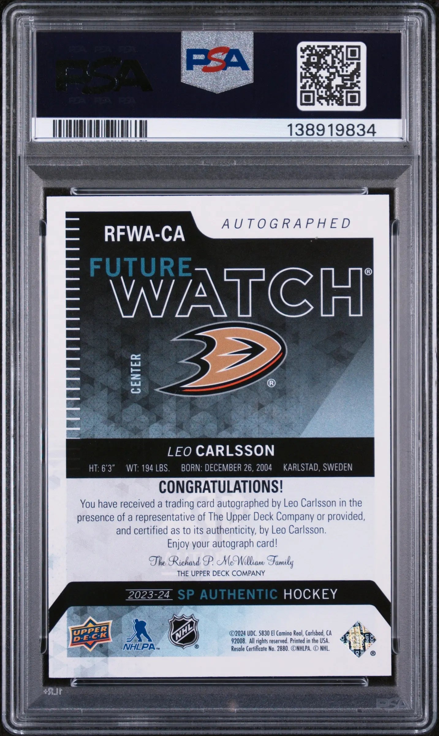 2023 SP Authentic Retro Autograph Future Watch Rookie Leo Carlsson /199 RC PSA 9 