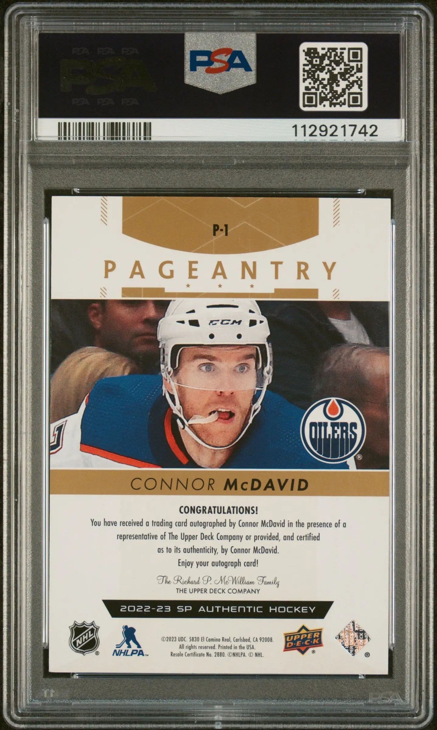 2023 SP Authentic Update Connor McDavid #P1 '22 Pageantry Auto PSA 9 Auto 10 