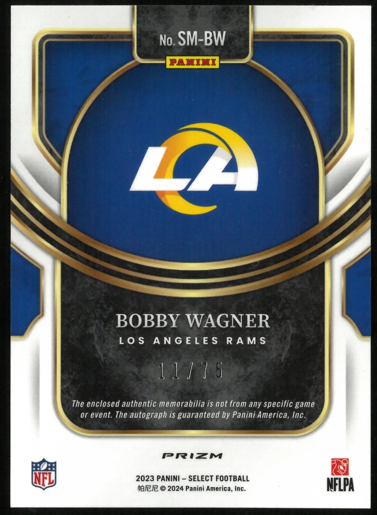 2023 Select Football Bobby Wagner Blue Patch Auto Autograph /75 