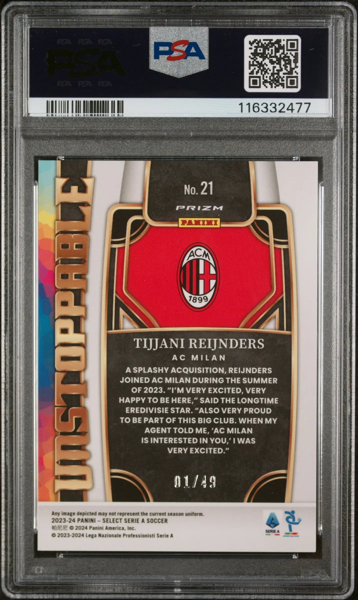 2023 Select Serie A Unstoppable Tijjani Reijnders RC Rookie Tie Dye PSA 10 1/49 